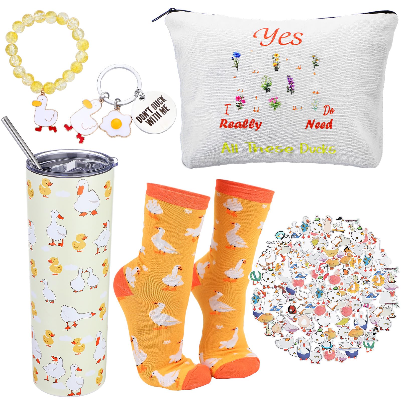 Geiserailie 6 Pcs Duck Gifts for Duck Lovers Set Include 100 Stickers a Pair of Socks Keychain Bracelet Makeup Bag and Tumbler A