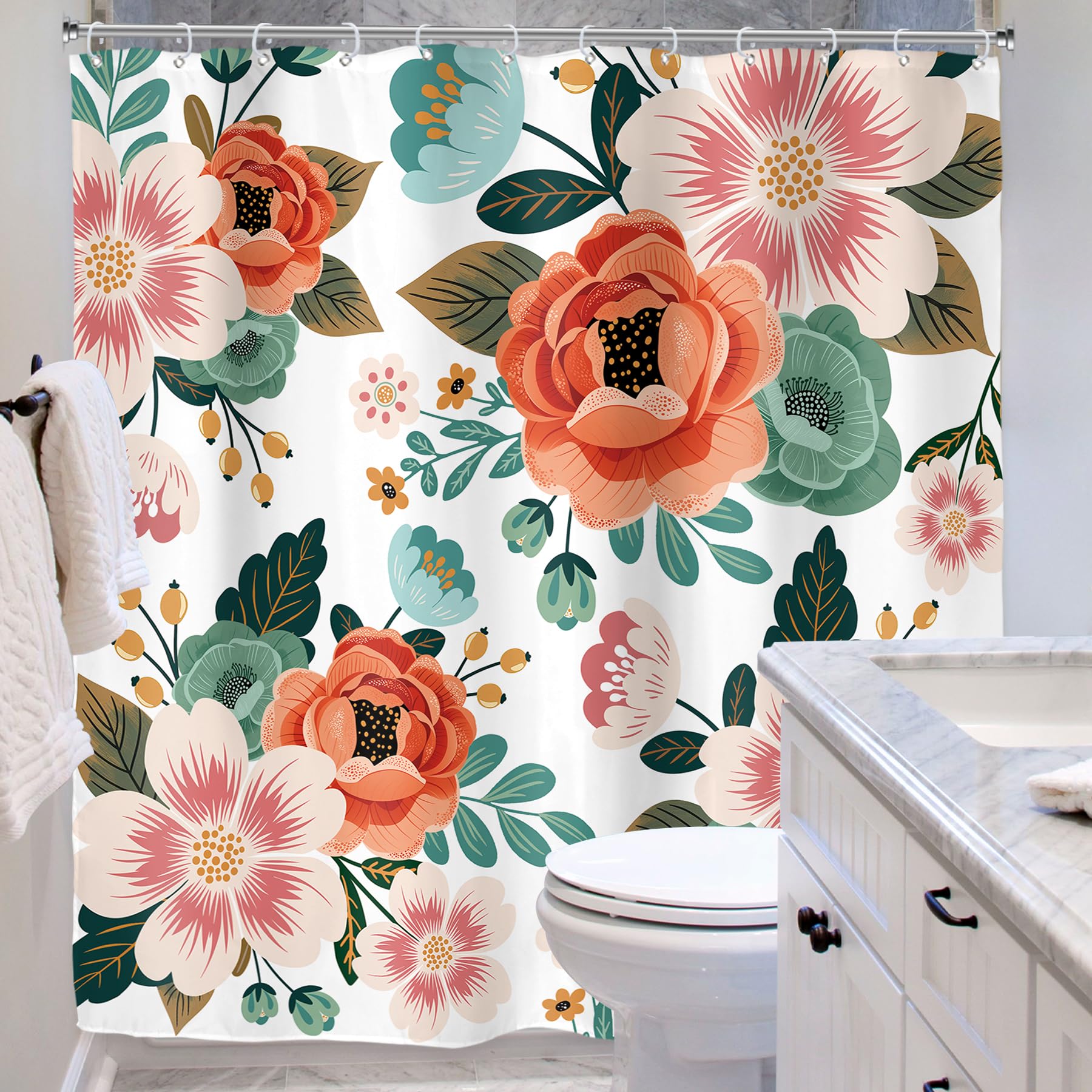 Riyidecor Extra Long Floral 72Wx78H Inch Shower Curtain Set Flower Spring Season Green Leaves Orange Women Bathroom Decor Fabric Panel Polyester Waterproof with 12 Pack Plastic Shower Hooks WW-YHX9