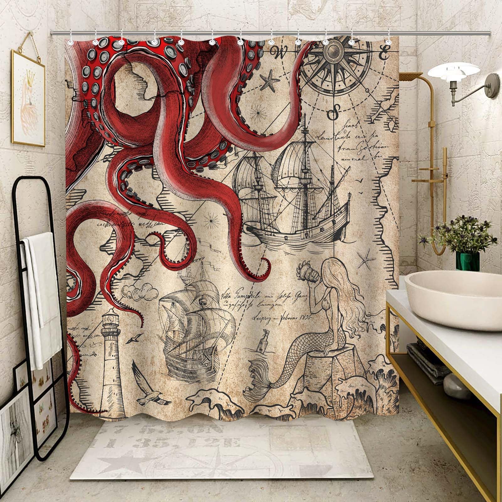 Fungarth 84 Inch Extra Long Vintage Red Nautical Octopus Shower Curtain Mermaid Funny Ocean Kraken Shower Curtains For Bathroom