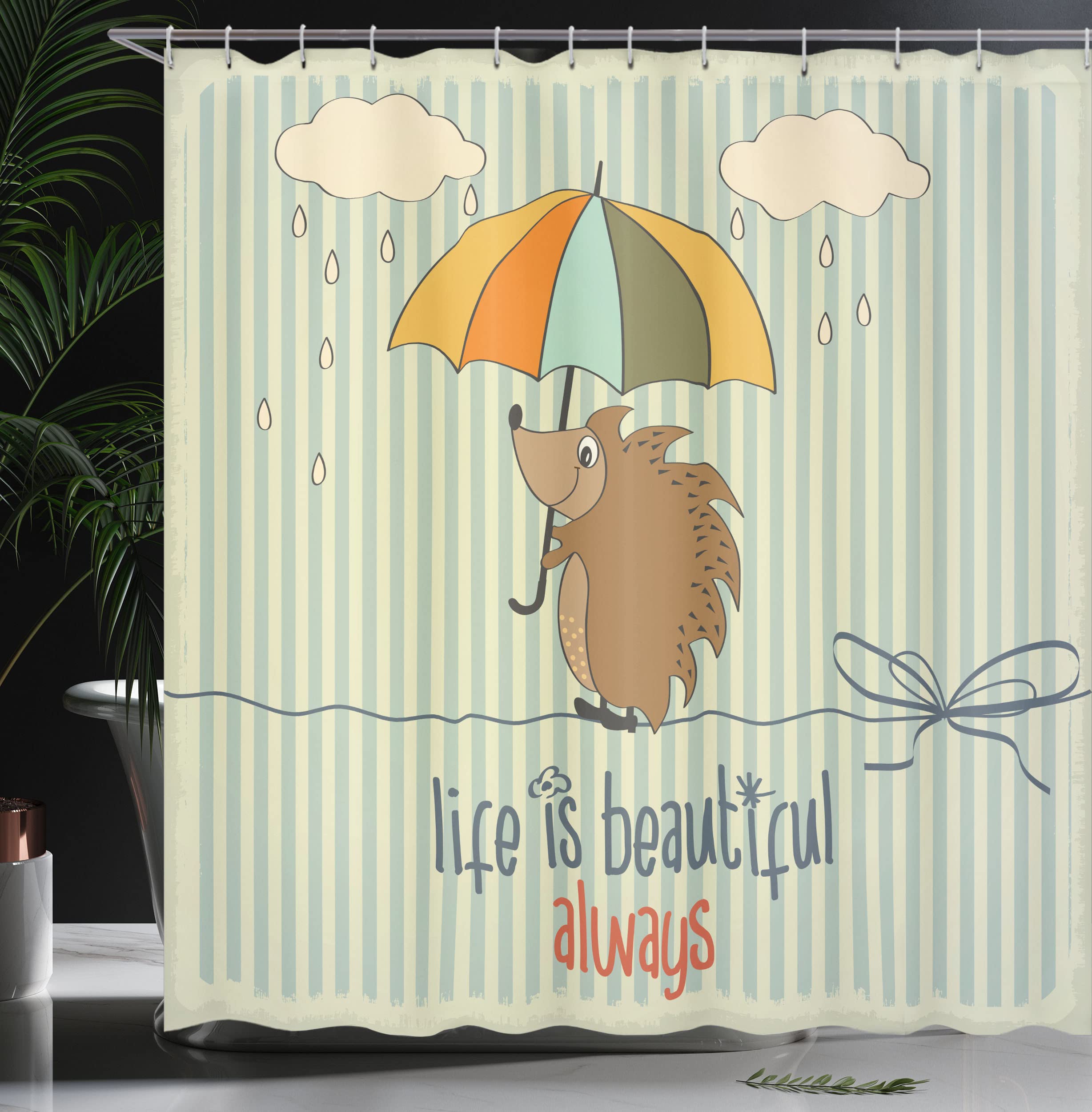 Ambesonne Saying Shower Curtain, Hedgehog With Umbrella Under Rain And Phrase Life Is Always Art Print, Cloth Fabric Bathroom De