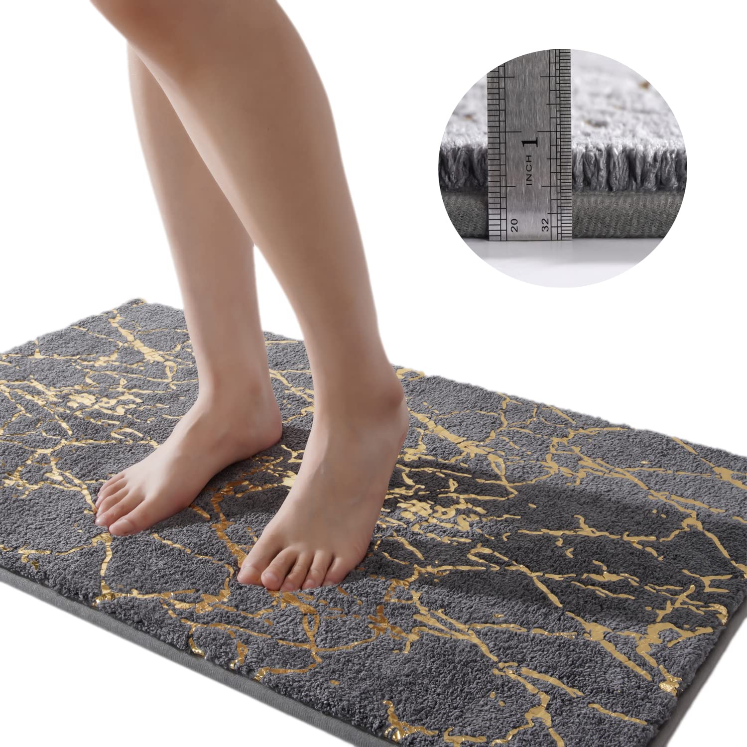 Qjhomo Marble Bathroom Runner Rug Gold Decor Long Bathroom Rugs Gray Bath Mat Non Slip Super Absorbent Bathmat Machine Washable