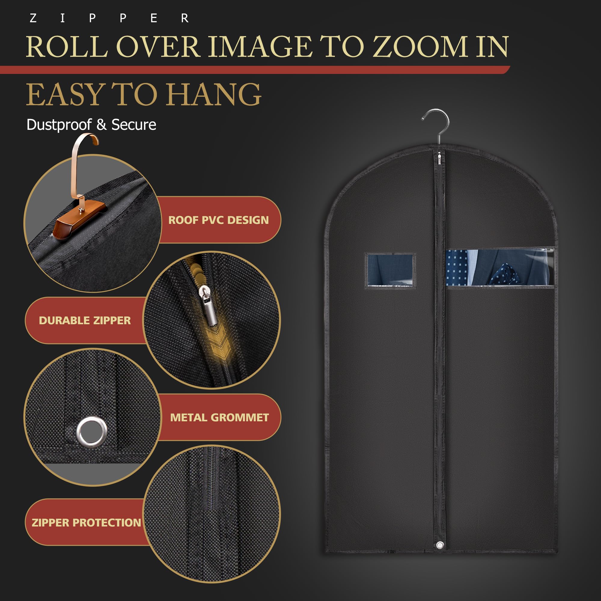 40-Inch Garment Bags For Travel, Garment Bags For Hanging Clothes With Zipper And Visible Transparent Window, 2 Pack,Black