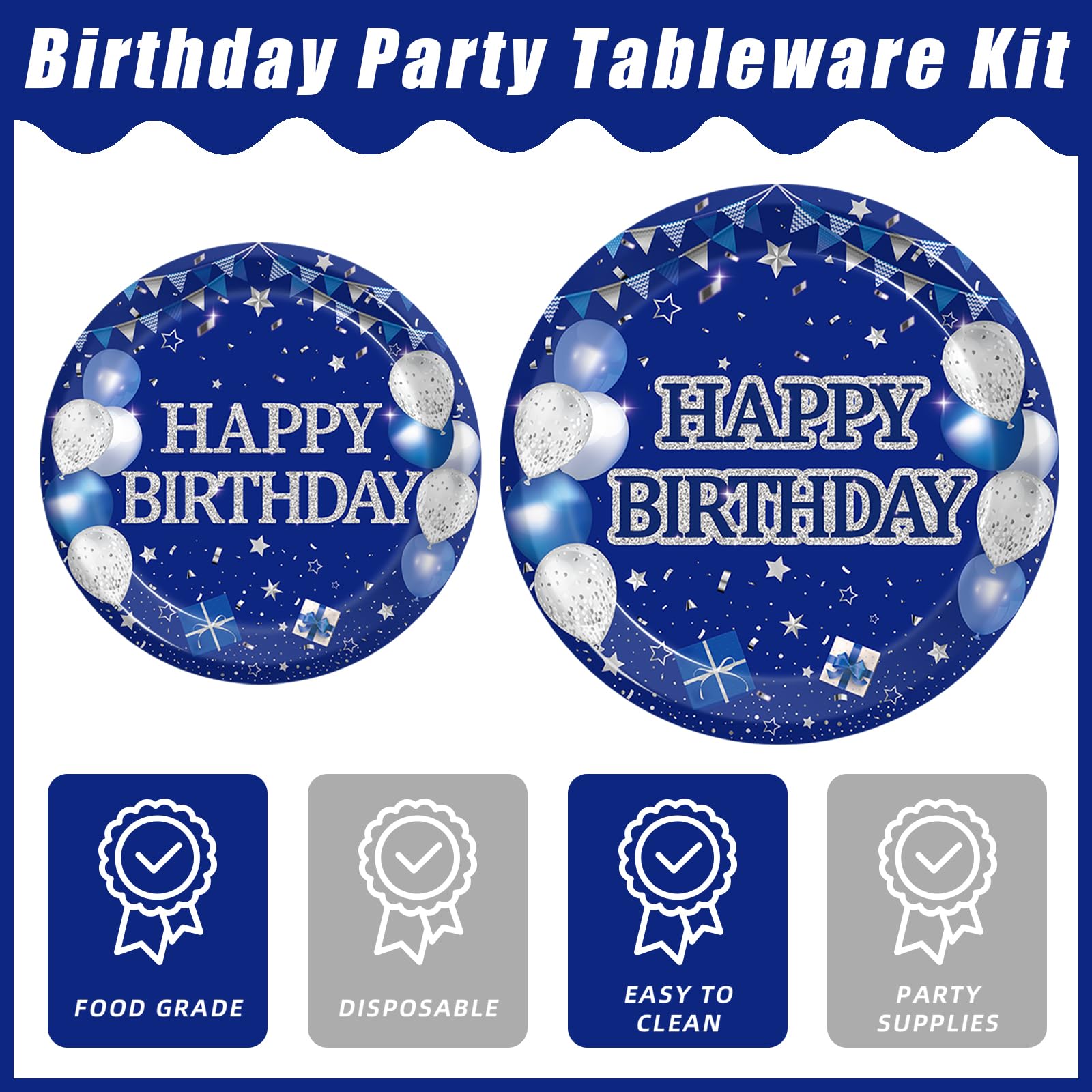 Kepeel 96Pcs Blue Birthday Party Tableware Set, Navy Blue And Silver Birthday Party Decorations Supplies For Men Women Birthday