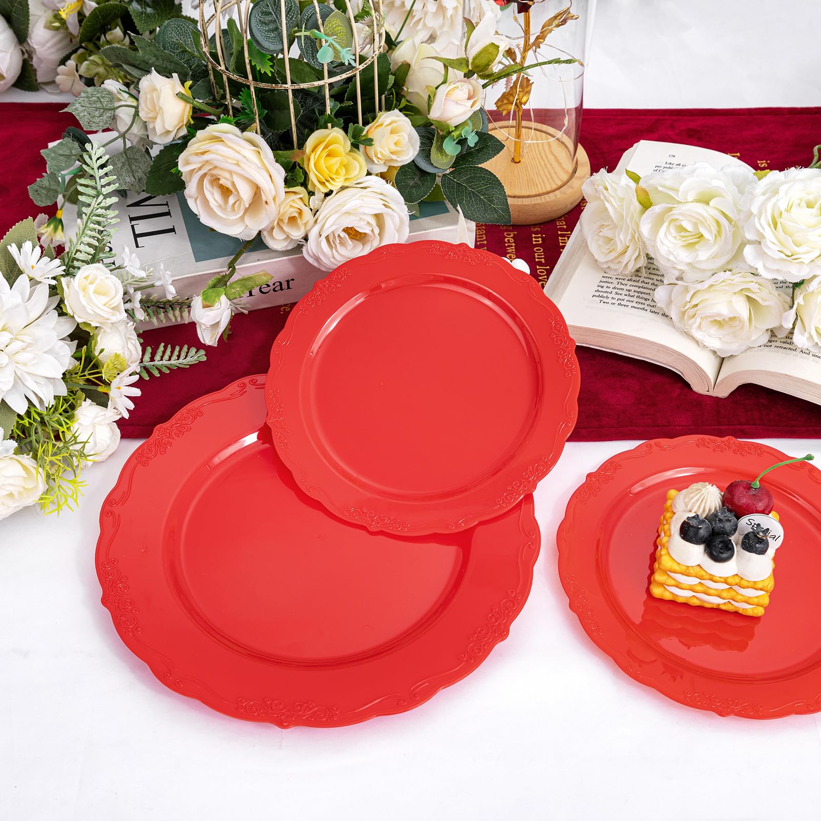 U-Qe 100Pcs Red Plastic Plates - Heavy Duty Valentines Plates Disposable, Red Plates Disposable Include 50Pcs 10.25'' Dinner Pla