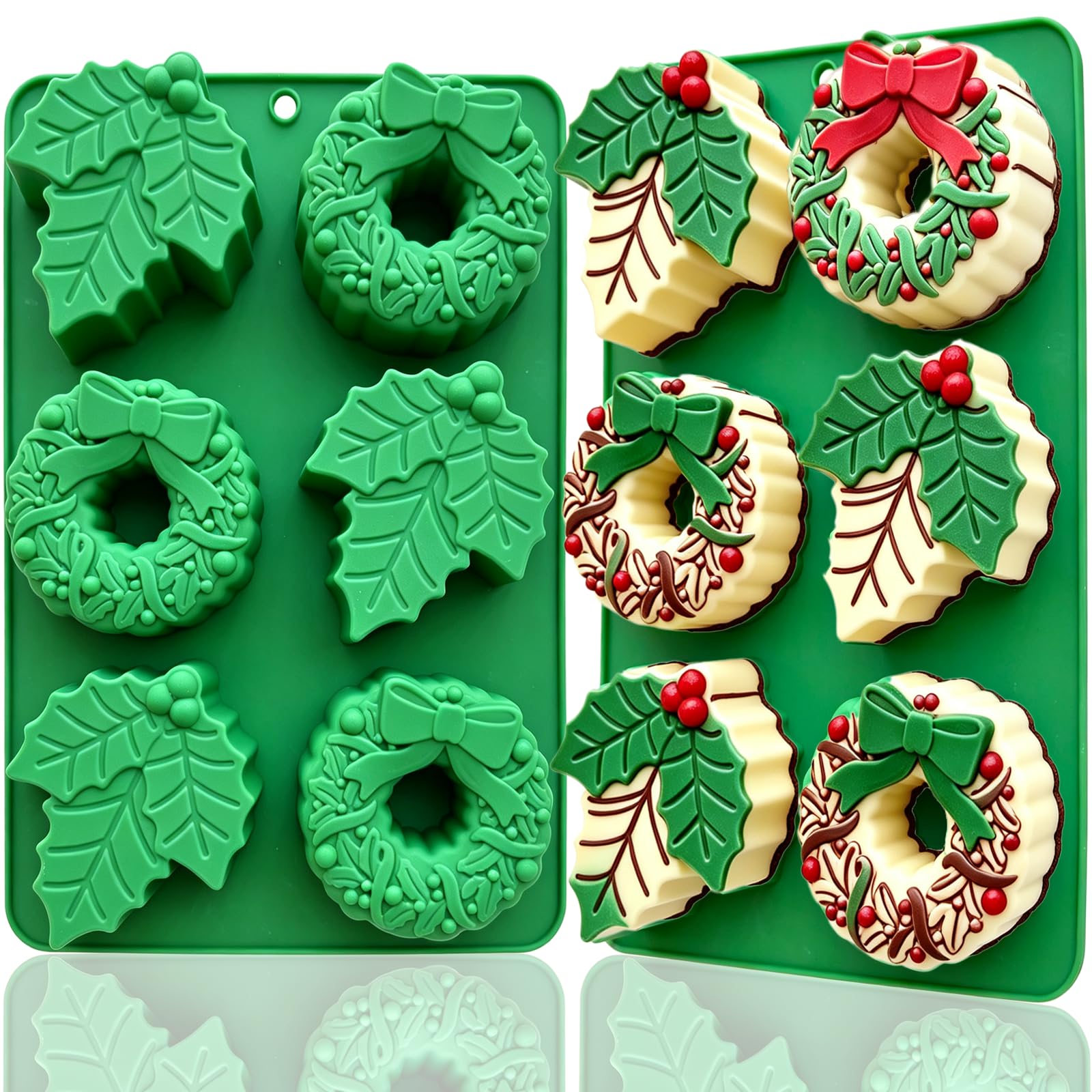 2 Pack Christmas Silicone Molds, Christmas Wreath Holly Leaf Chocolate Cake Molds Holiday Siliocne Baking Molds for Dessert Soap