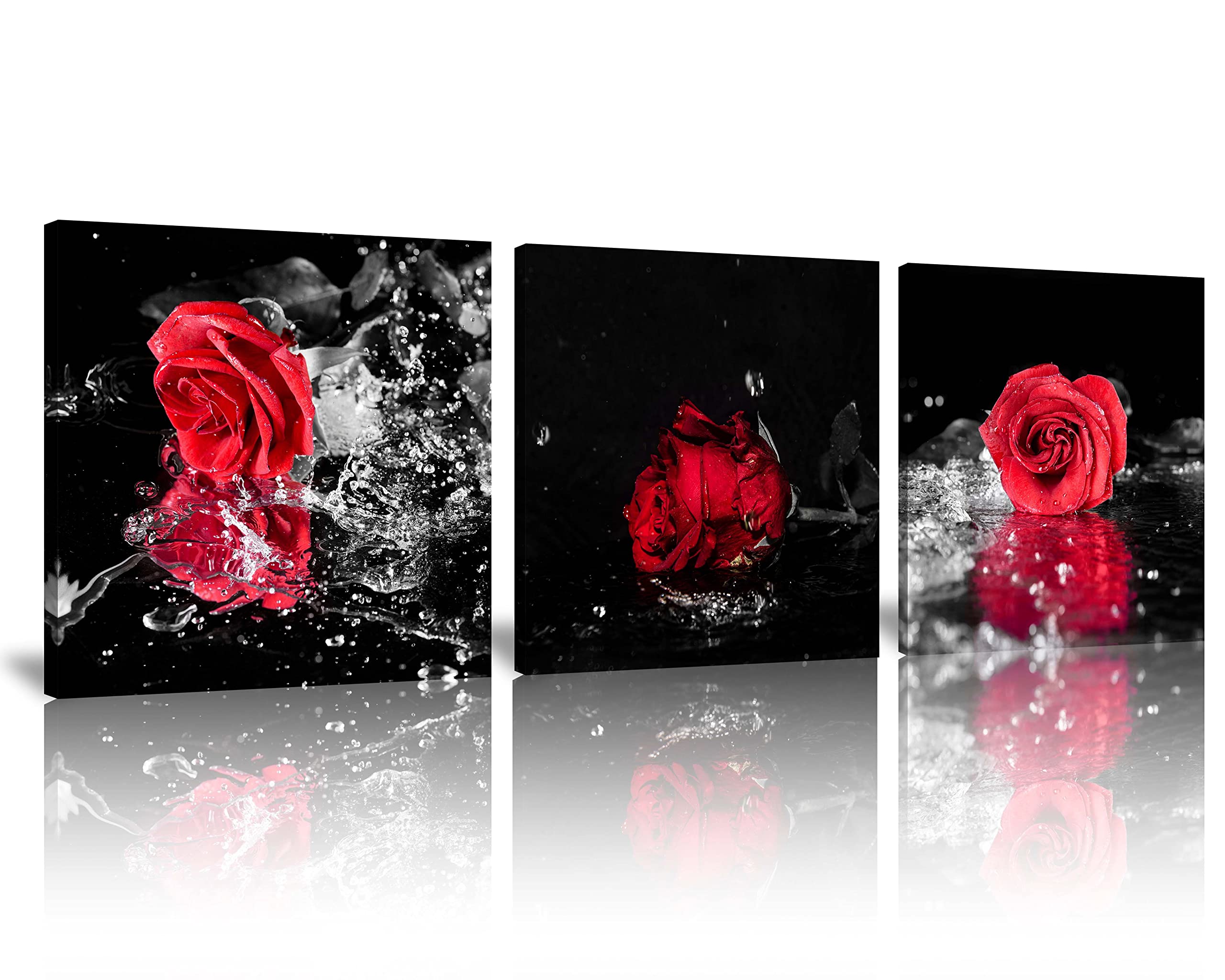 Nan Wind 3 Pcs Modern Canvas Painting Black And White Red Rose Canvas Art Rose And Water Drops Wall Art Flower Picture On Canvas