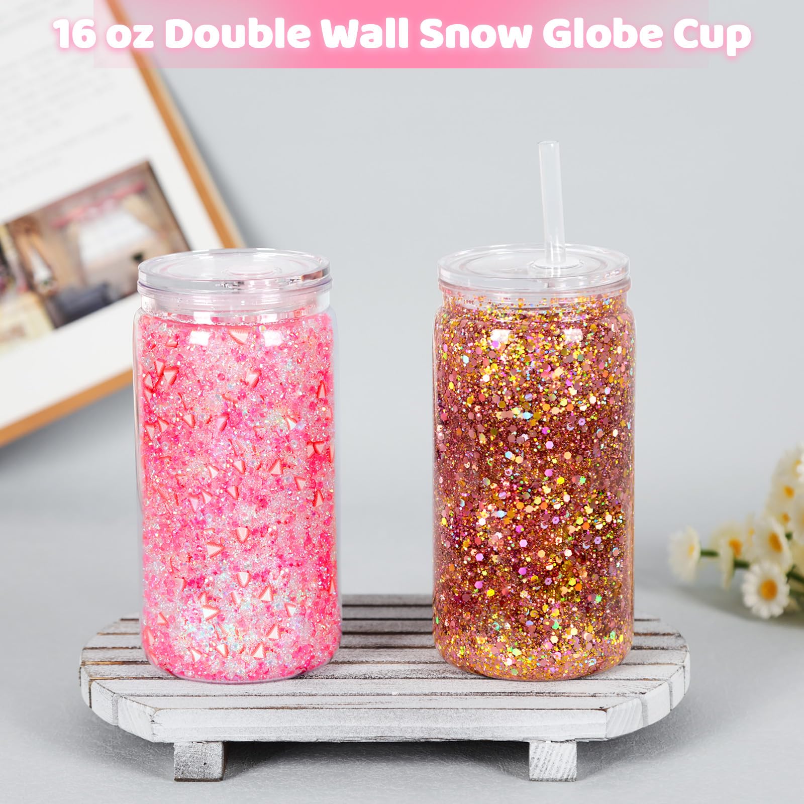 Tswofia 12 Pack Snow Globe Tumbler with Pre Drilled Hole, 16 Oz Double Wall Plastic Can with Lid and Straw, Plastic Mason Jar Mu