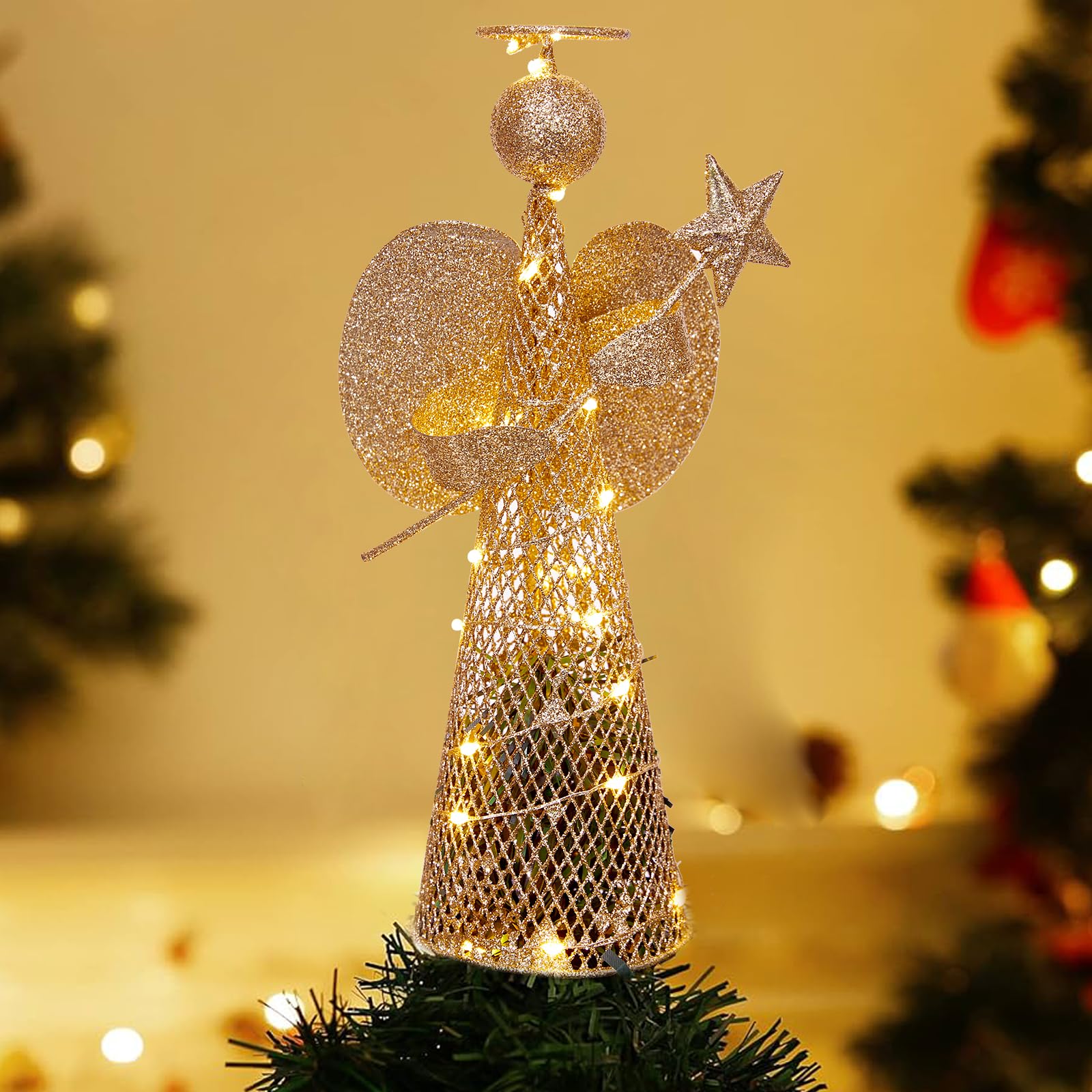 Christmas Tree Topper 9.8 Golden Glittered Star Tree Topper with 20 LED Lights Xmas Tree Topper Star for Xmas Decorations Orname
