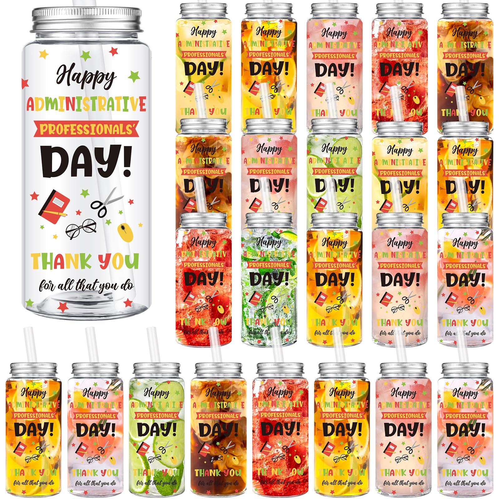 Skylety 24 Pcs Administrative Professional Day Appreciation Gifts 14 oz Plastic Cup with Lids and Straw Admin Assistant Gifts fo