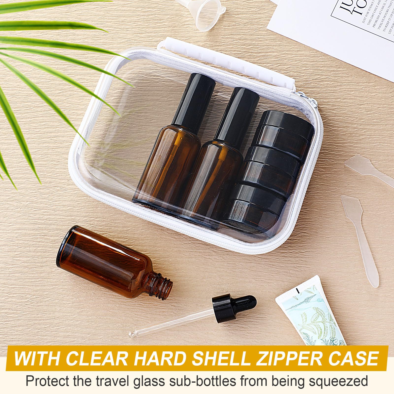 Qiyaz 11 Pcs Glass Travel Bottles With Clear Hard Zipper Case Skin Care Containers Travel Size Mini Makeup Containers Tsa Approv