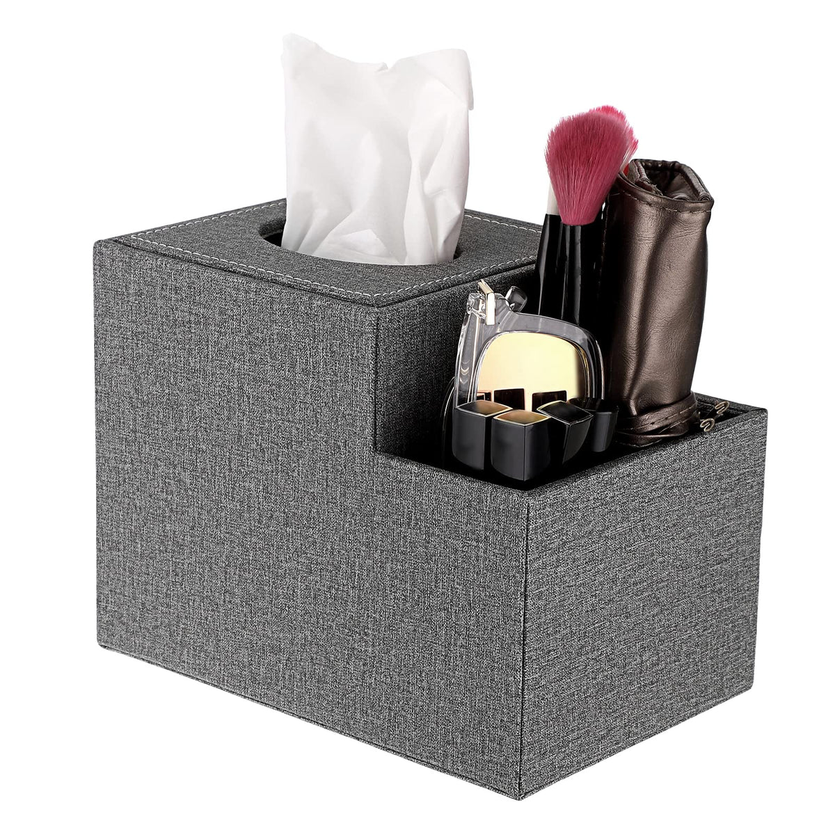 Sumnacon Square Linen Tissue Box Cover - Stylish Cube Tissue Box Holder With Side Organizer, Decorative Tissue Box For Living Ro