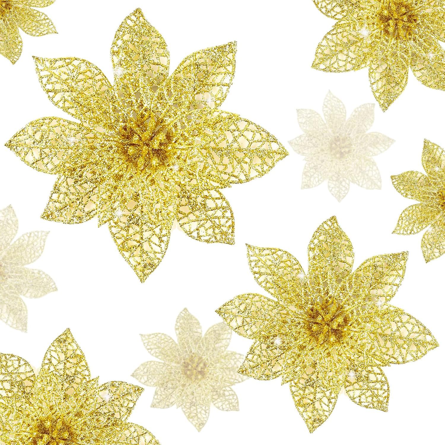 Wironlst 24 Pieces 3 Size Glitter Poinsettia Flowers Christmas Tree Ornaments, Glitzy Poinsettia Bushes Christmas Decorations fo