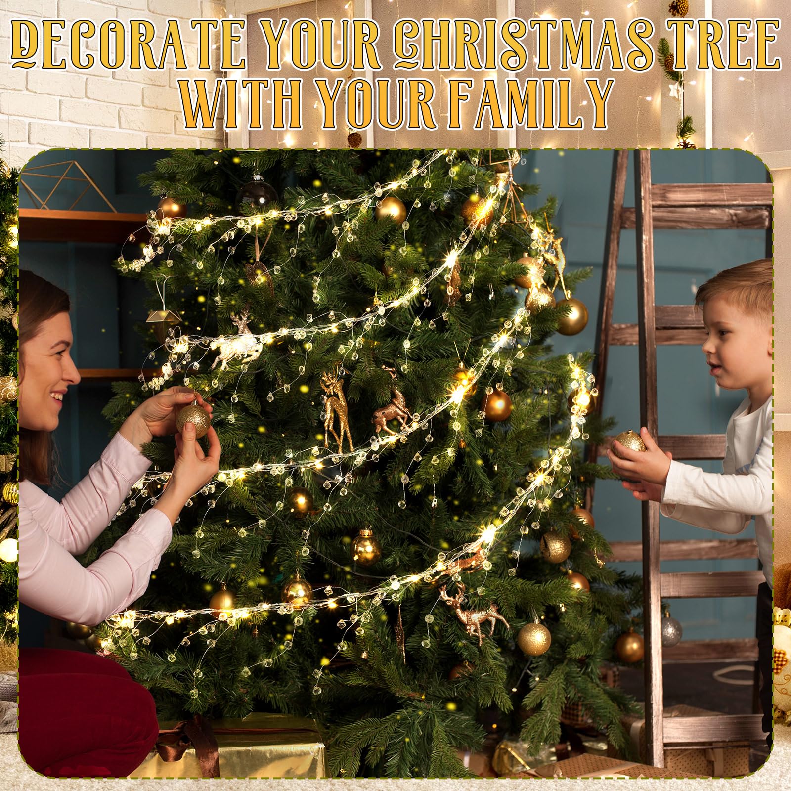 Glooglitter 40ft Christmas Tree Crystal Garland Decorations, 98ft 300 LED Fairy Lights with Crystal Drop Ornaments & Iron Wire,