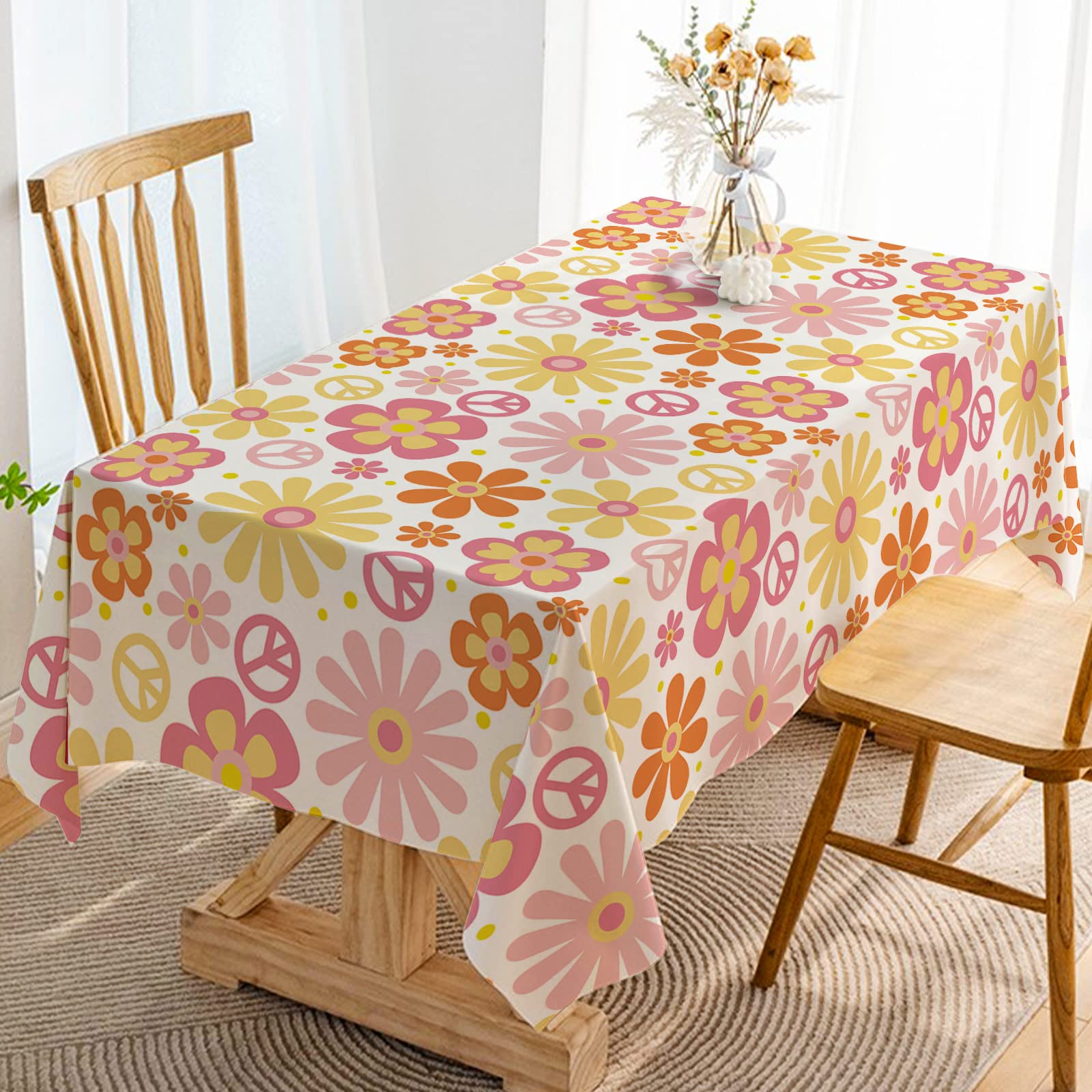 Hafangry Groovy Tablecloth Retro Hippie Boho Party Decorations Daisy Flower Party Table Cover Seasonal Country Farmhouse Rectang