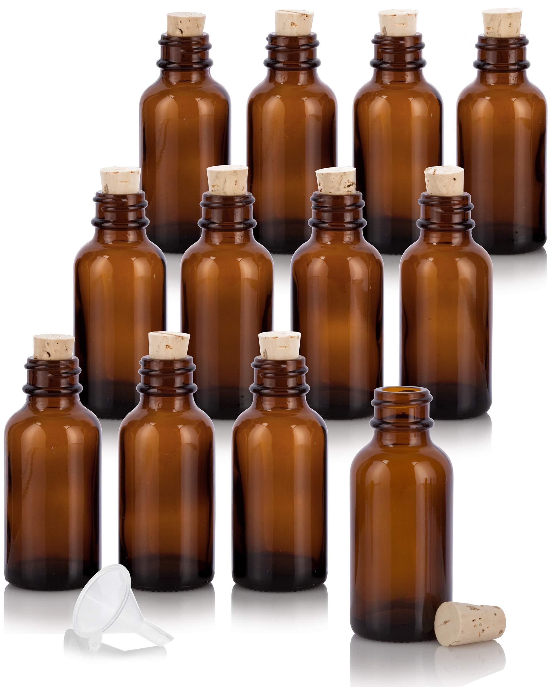 Juvitus 1 Oz Amber Glass Boston Round Bottle With Cork 12 Pack + Funnel