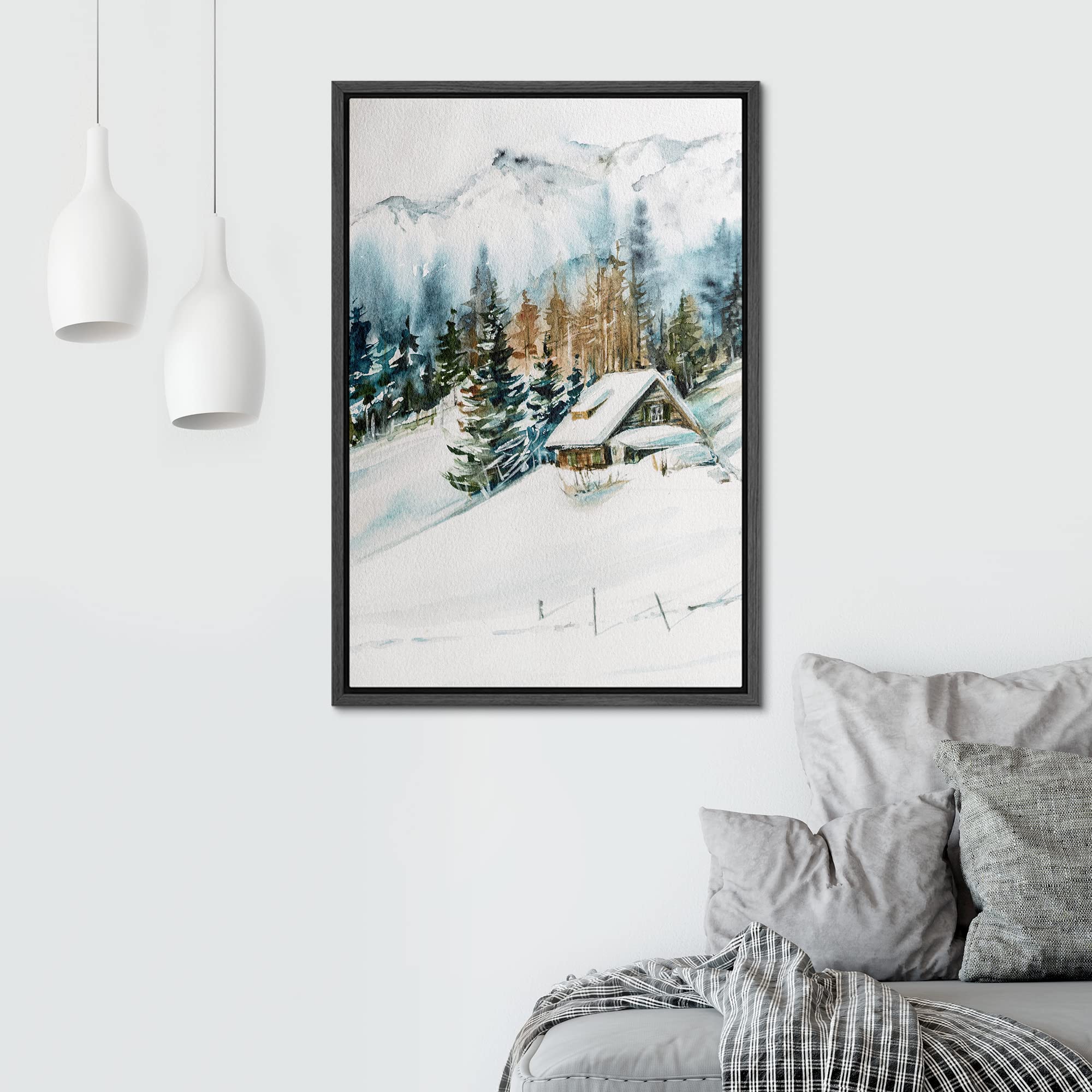 Signwin Framed Canvas Print Wall Art Woodland Nursery Decor Log Cabin Winter Snow Mountain Forest Nature Modern Art Decorative L
