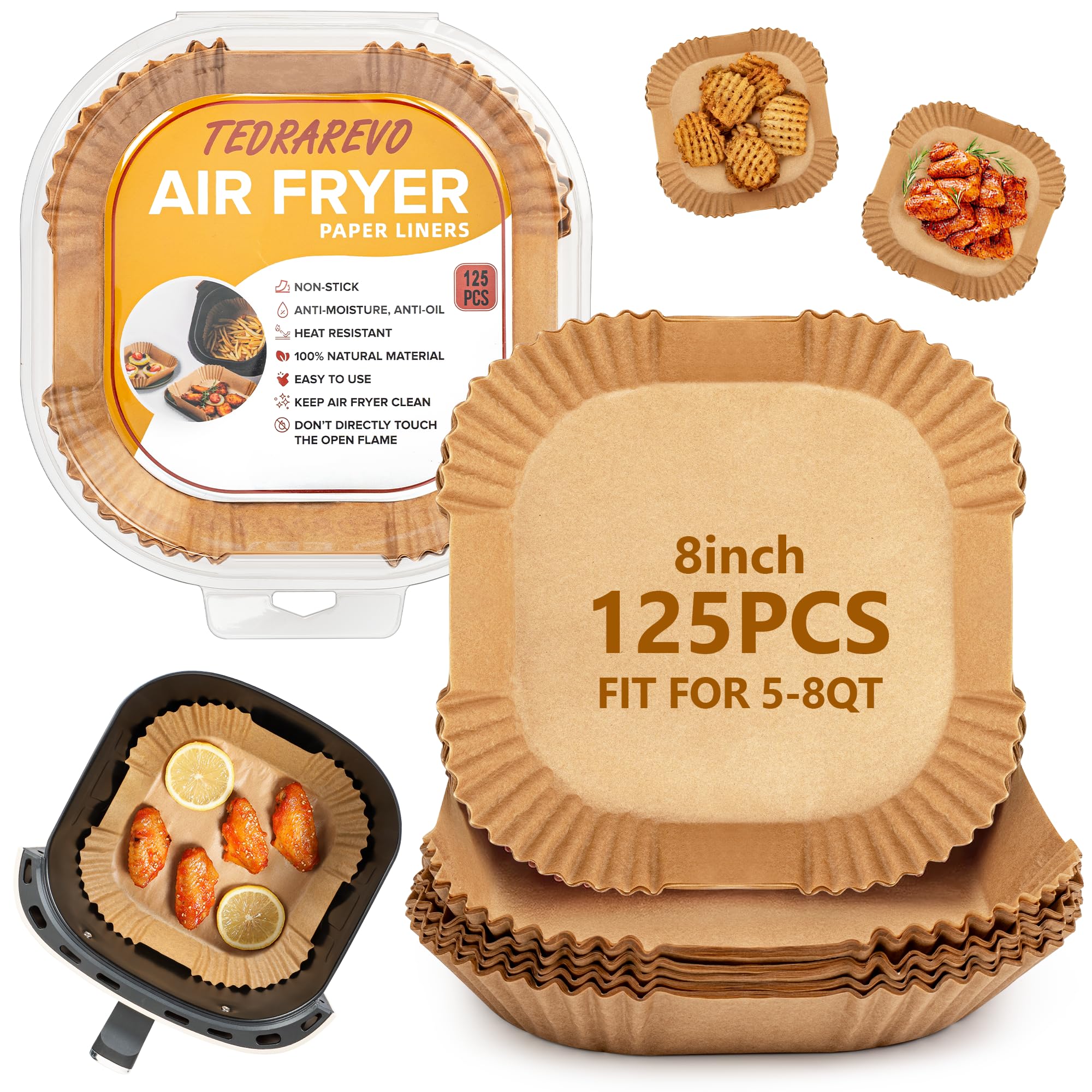 Air Fryer Liners Disposable - 125 Pcs 8In Square Parchment Paper Sheets, Non-Stick, Oil-Proof Baking Paper For Easy Cleanup, Foo