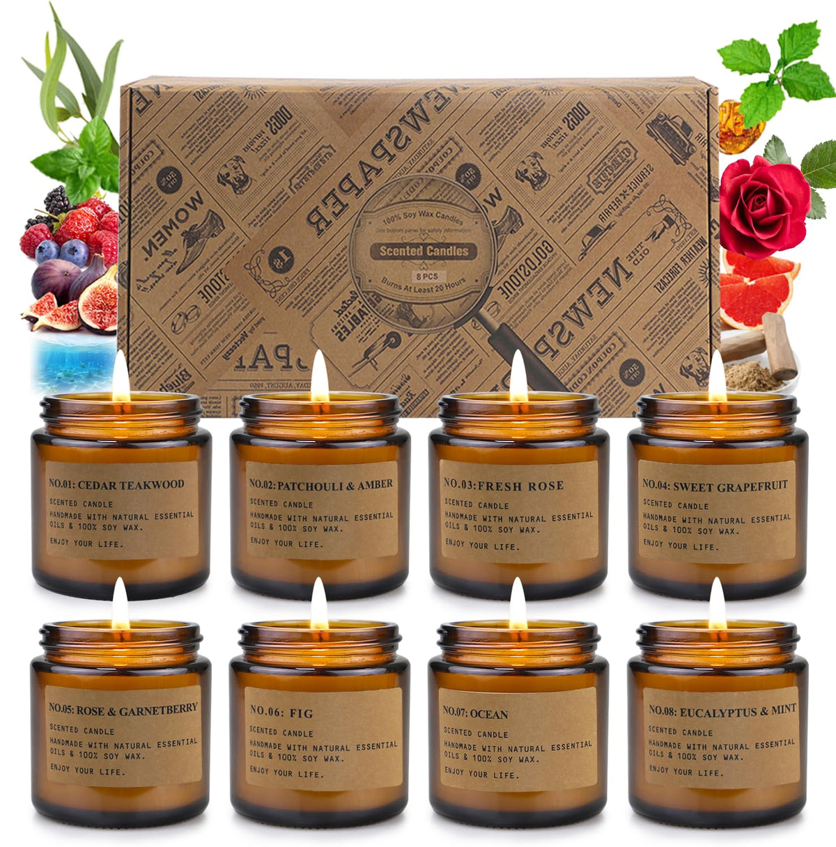8 Pack Candles for Home Scented, Aromatherapy Jar Candle Gifts for Women, Natural Soy Wax Amber Candles Set, Scented Candles Set