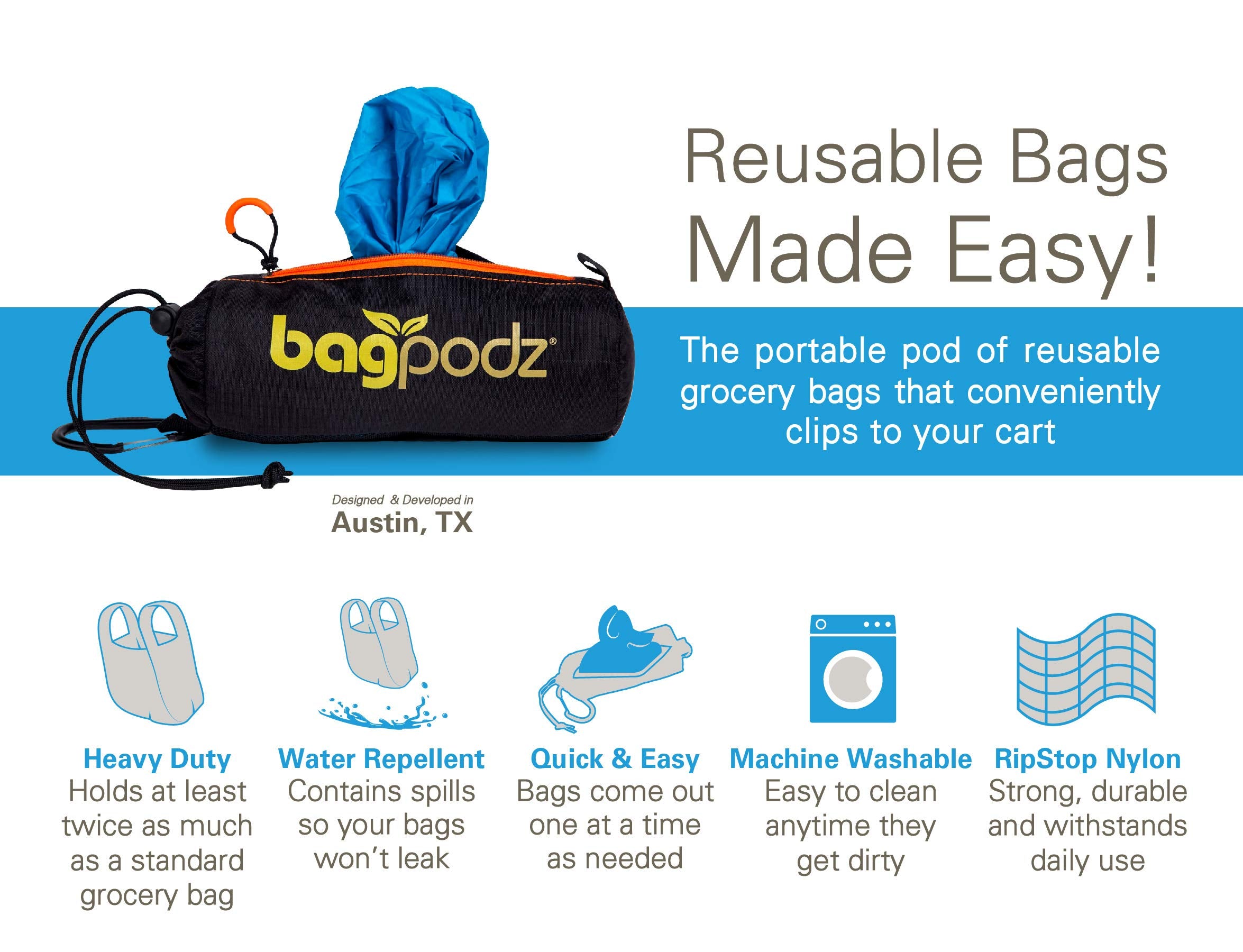 Bagpodz Sturdy Reusable Grocery Bags Made From Ripstop Nylon Hold 50Lbs - Reusable Shopping Bags Inside A Compact Pod With Carry