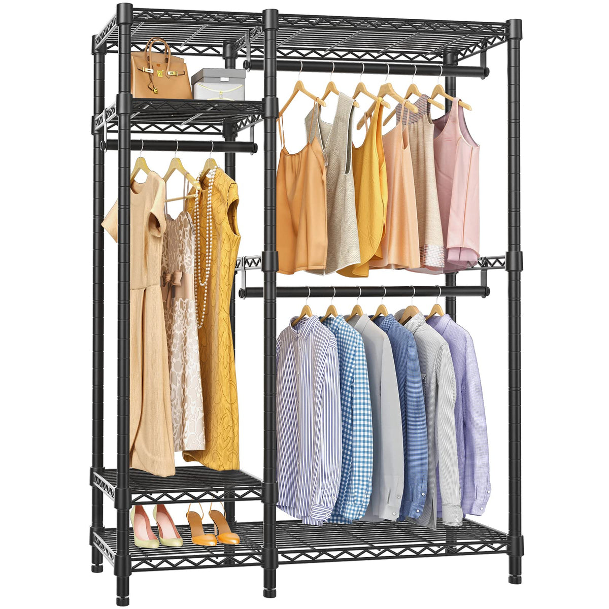 Vipek V2 Garment Rack Metal Clothing Rack For Hanging Clothes, 4 Tiers Wire Shelving Clothes Rack With 3 Hanging Rods, Free Stan
