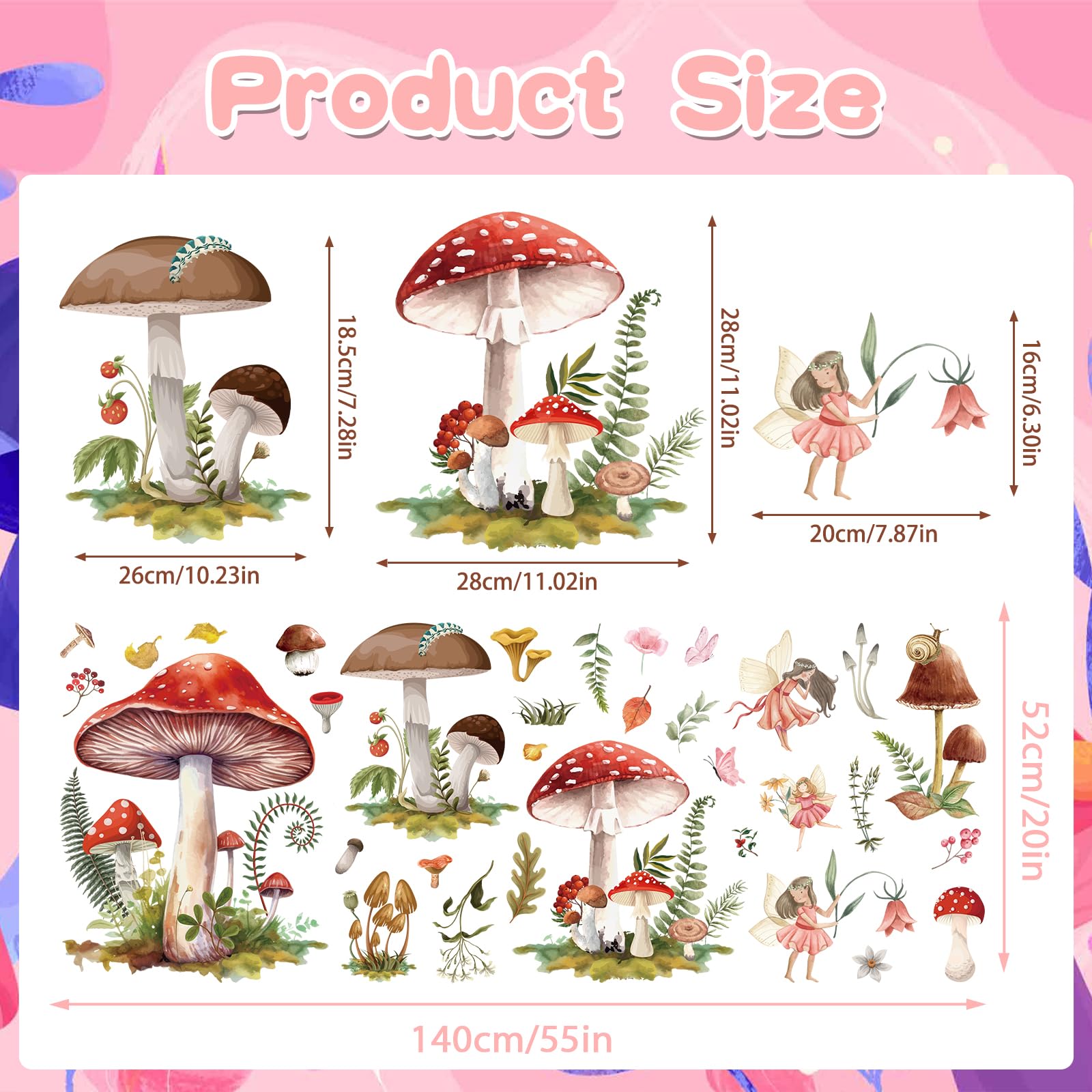 Wxiben Fairy Wall Stickers Decor - Mushroom Wall Decals Flower Wall Sticker Removable Floral Wall Murals Peel And Stick For Girl