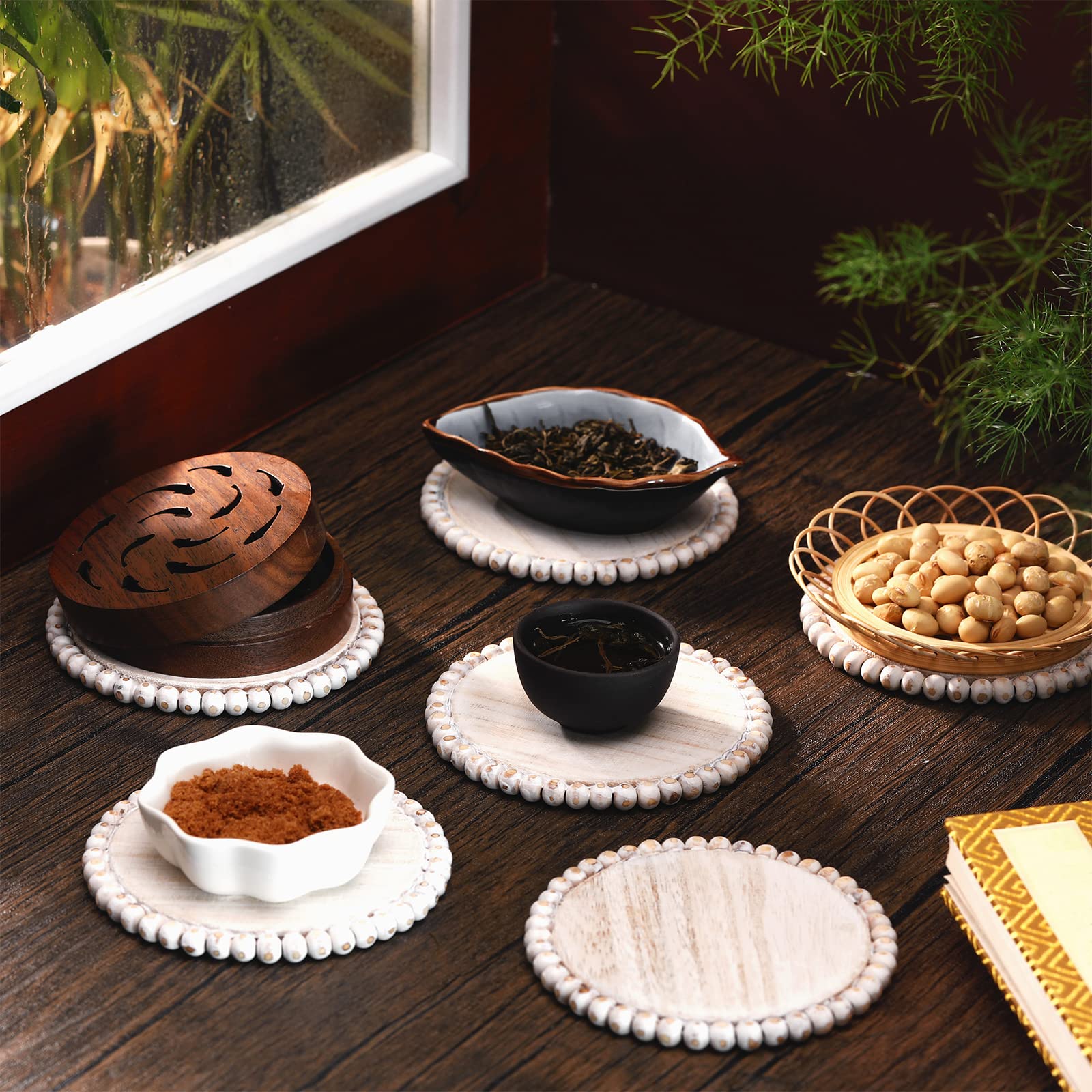 Honeydak 6 Pcs Beaded Wood Coasters Sets 3.94 Inches Round Beaded Farmhouse Coasters Home Wood For Drinks Bar Table Top Home Kit
