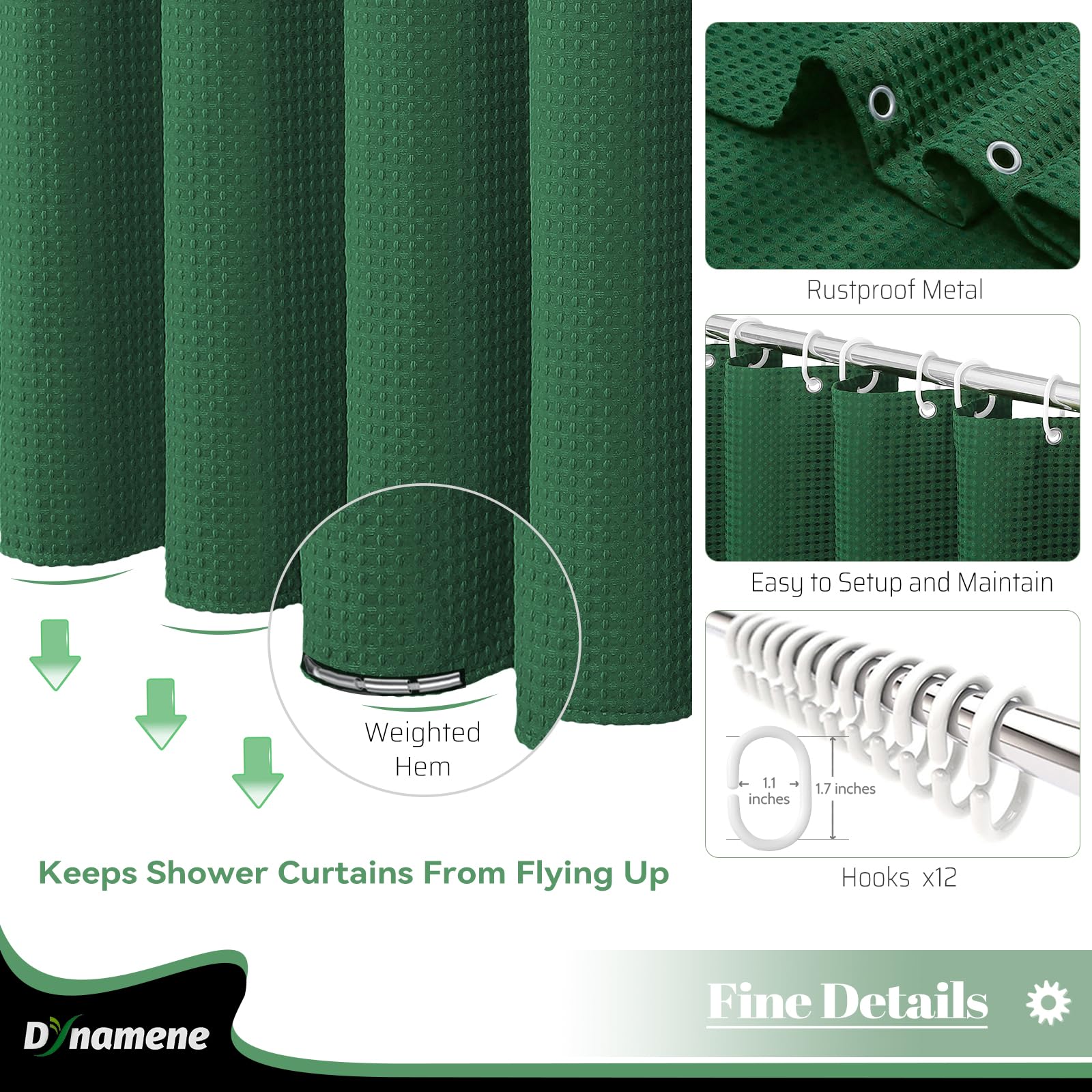 Dynamene Dark Green Fabric Shower Curtain - Waffle Weave Textured Heavy Duty Cloth Shower Curtains For Bathroom, 256Gsm Hotel Lu
