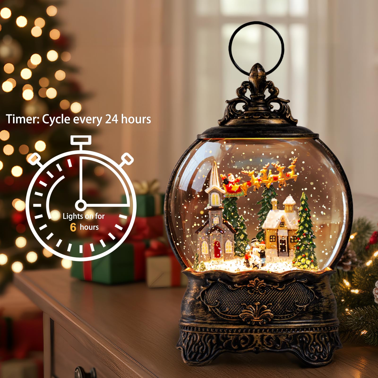 Christmas Snow Globes Lantern Snow Globe with Music Water Lantern Santa Flying Scene Elk Lighted Swirling Water Glitters Snowglo