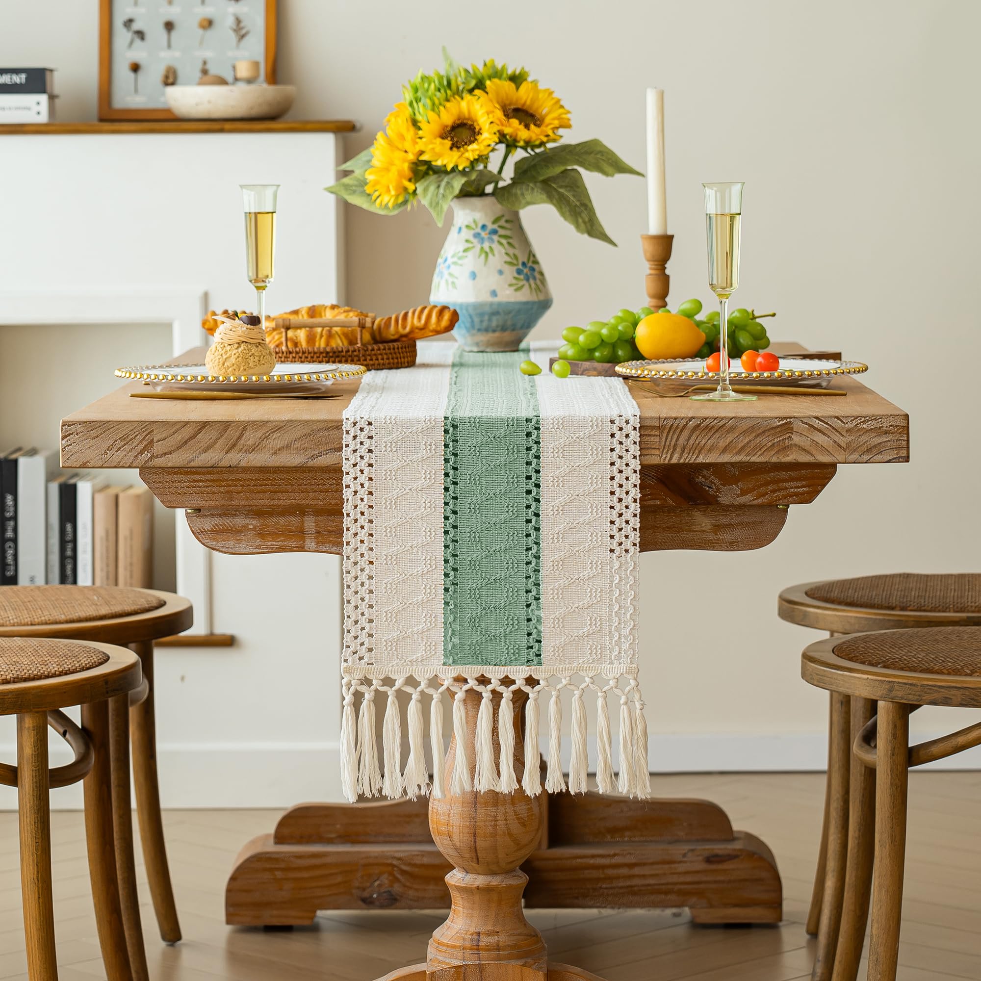 FEXIA Boho Table Runner for Home Decor with Tassels 60 Inches Long,Sage Green Farmhouse Rustic Table Runner Macrame Burlap Table