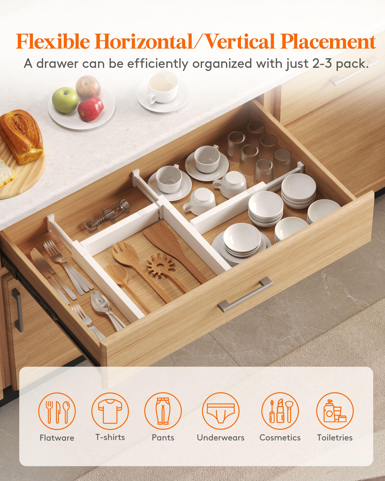 Lifewit 12 Pack Kitchen Drawer Dividers 2.36'' High, 16''-22'' Adjustable Drawer Organizer for Utensils/Clothes/Makeup, Plastic