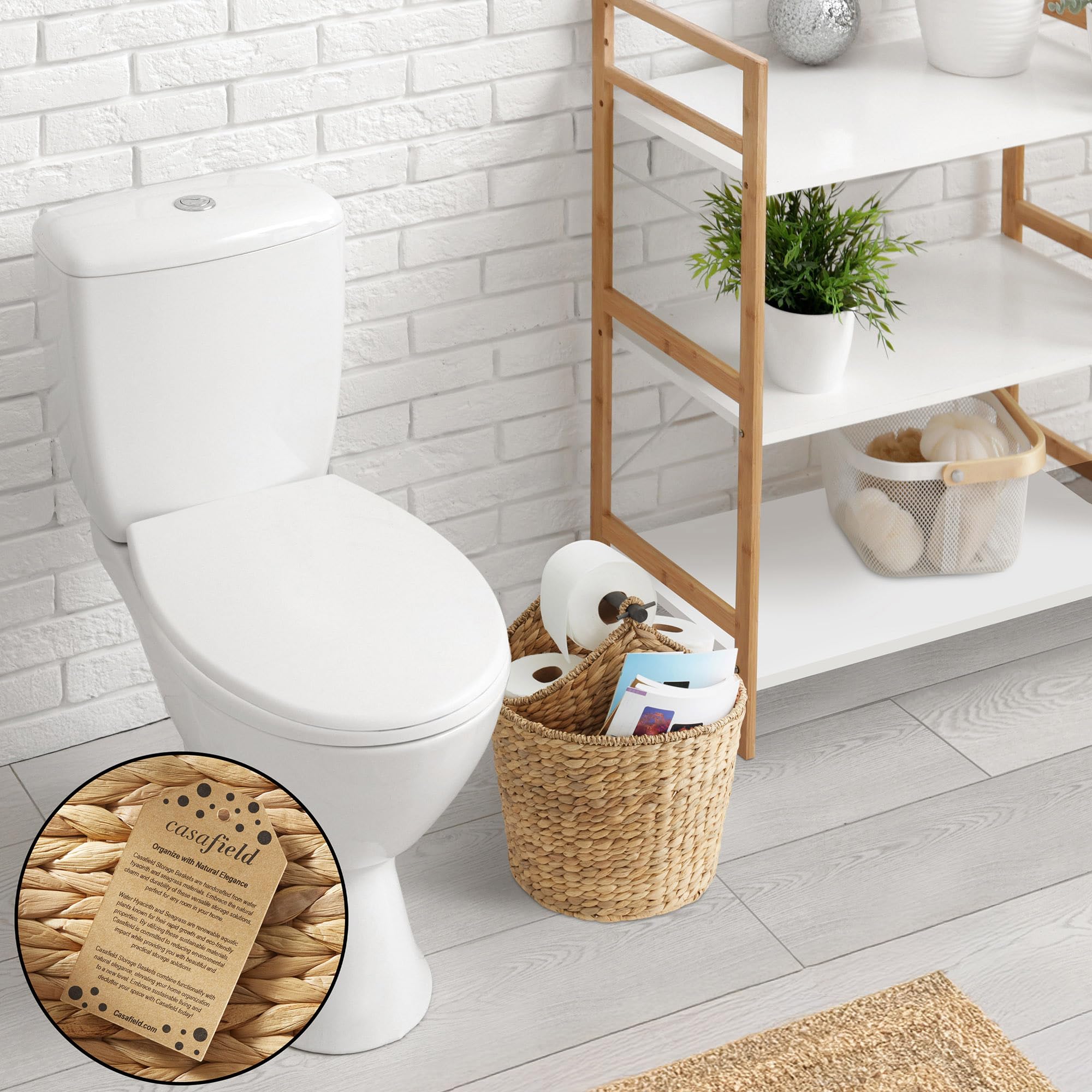 Casafield Toilet Paper Roll Storage Basket with Magazine Holder, Natural - Woven Water Hyacinth Wicker Bathroom Bin for Bath Tis