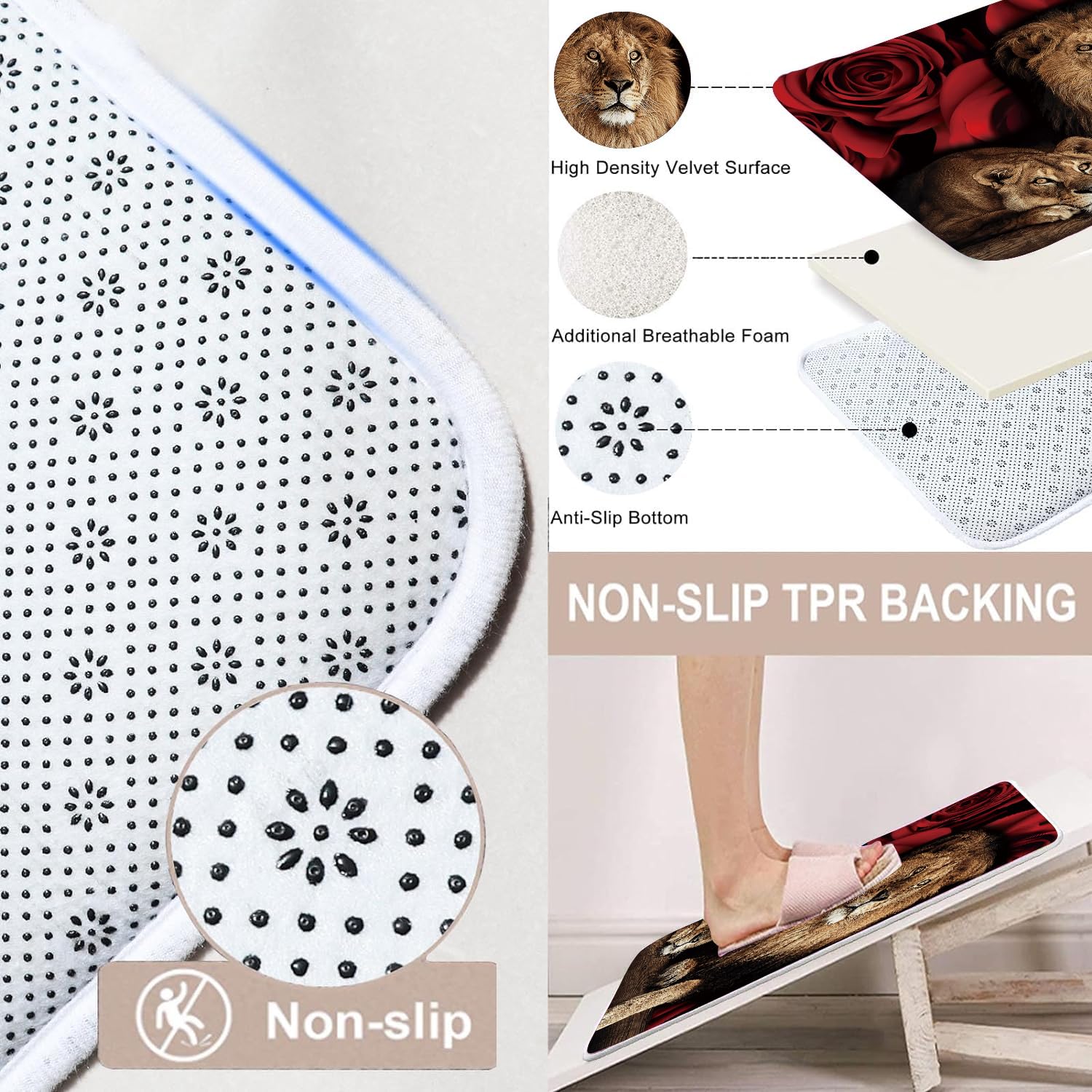 Jieprom 4Pcs Red Rose And Lion Shower Curtain Bathroom Set With Rugs, Toilet Lid Cover And Bath Mat, Red Shower Curtain With 12