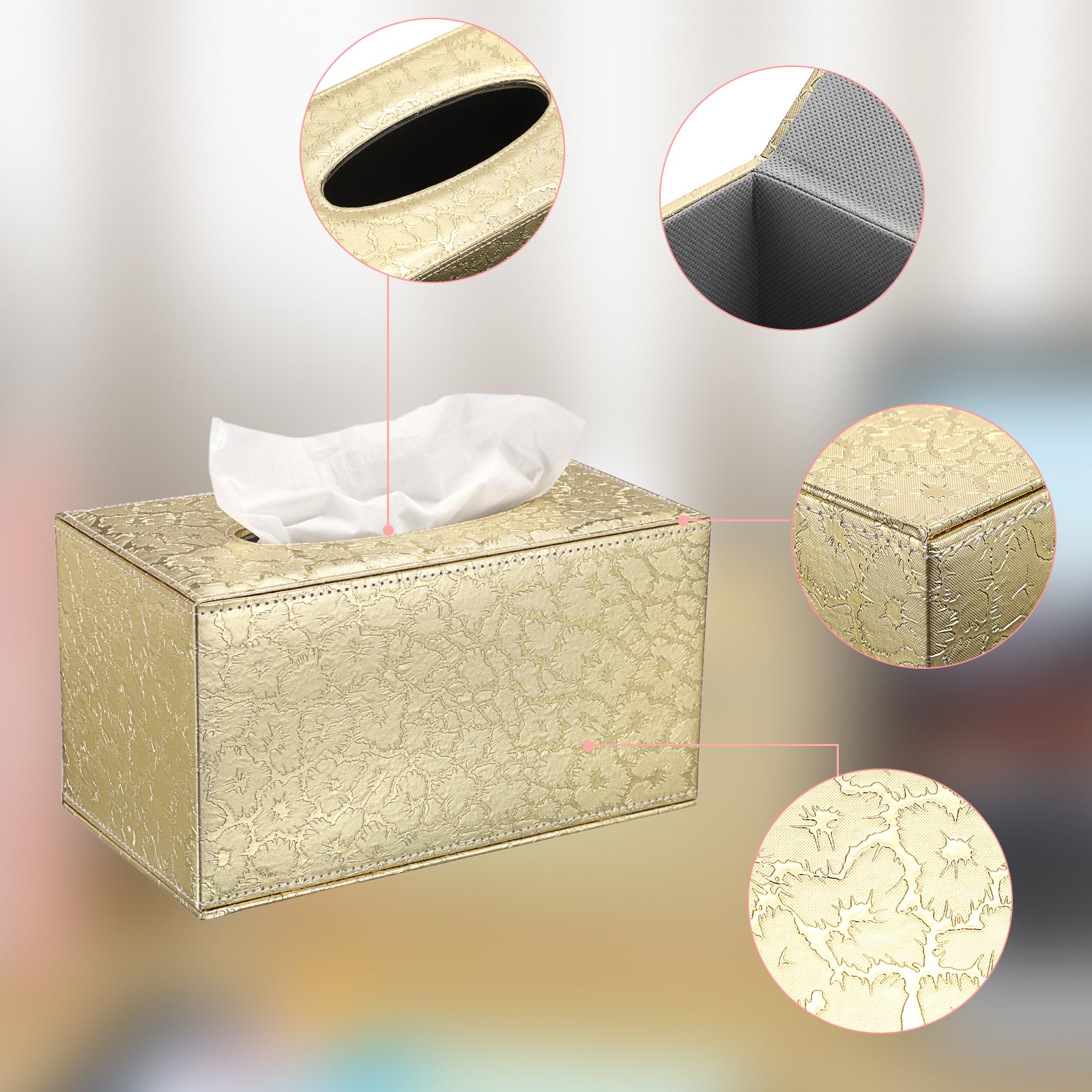 Sumnacon Tissue Box Cover Rectangle Leather Tissue Box With Magnetic Bottom,Pu Cube Tissue Box Holder Decorative Gold Tissue Cov