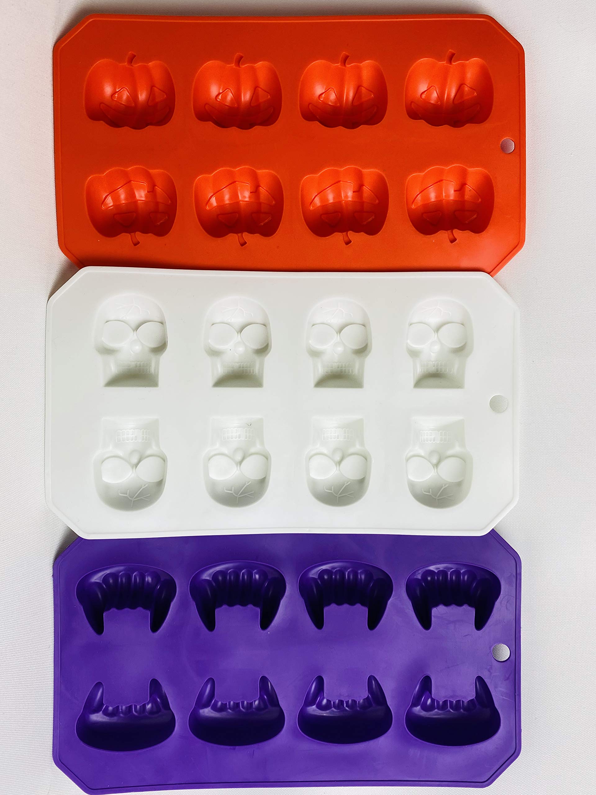 Halloween Fall Themed Set Of 3 Ice Cube Trays, Candy Mold, Jello Shot Skull/Fang/Pumpkin Shapes
