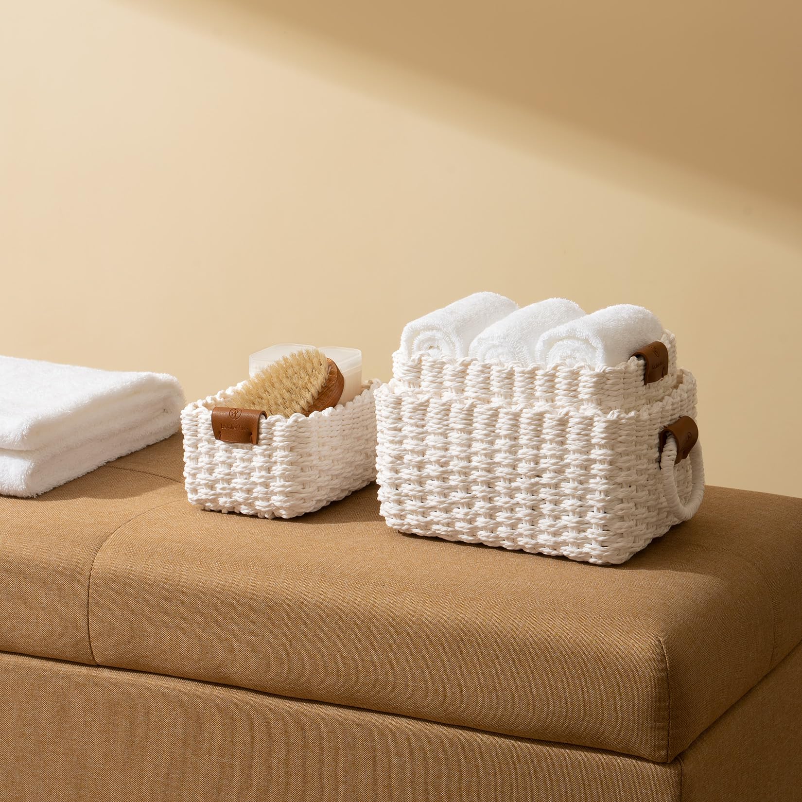 La Jolie Muse Woven Storage Baskets For Organizing, Recycled Paper Rope Basket Bin Divider For Makeup Towel Shelf Cupboards Draw