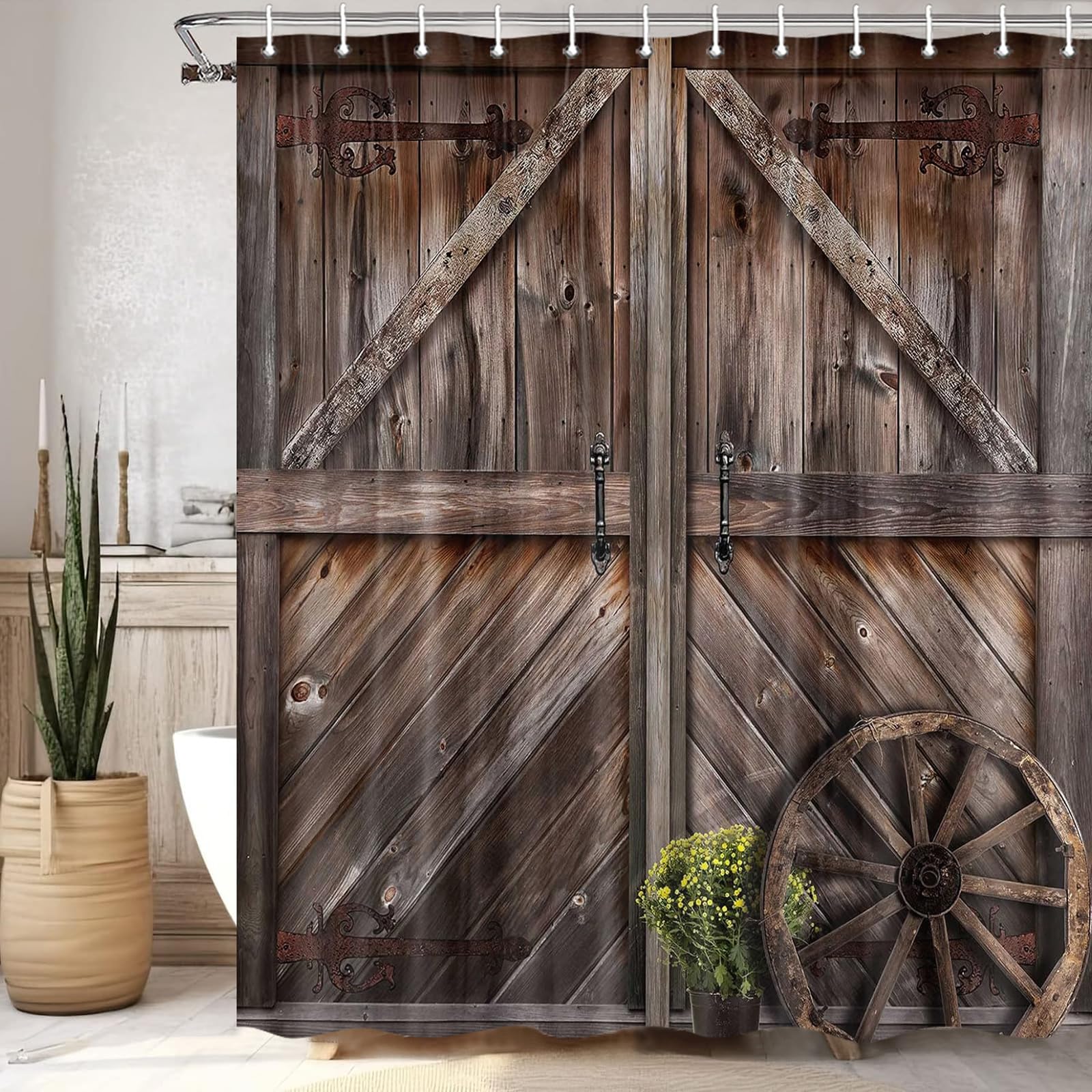 Jipusai Western Vintage Farmhouse Wood Board Shower Curtain,Rustic Barn Door Shower Curtains Sets For Bathroomdecor, Fabric Extr