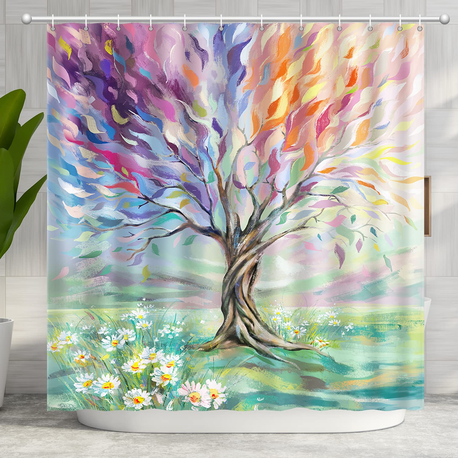 Oil Painting Tree Shower Curtain, Colored Seasons Tree Shower Curtain For Bathroom With 12 Hooks, Polyester Fabric Washable Show