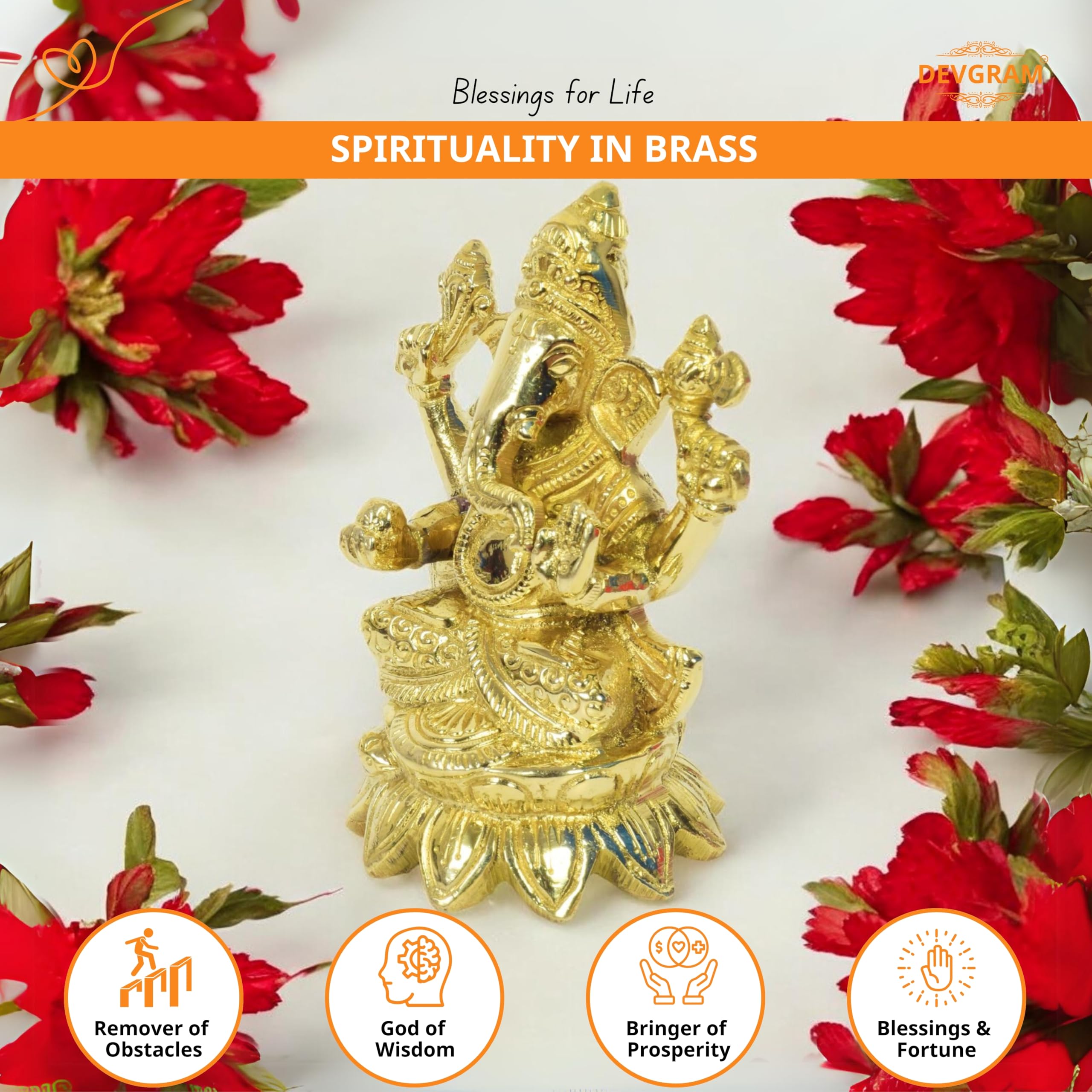 Devgram Brass Ganesh Idol - 5 Inch Brass Ganpati Murti God Sitting Ganesha Vinayak Murti | Showpiece For Home Dcor, Office, Vast
