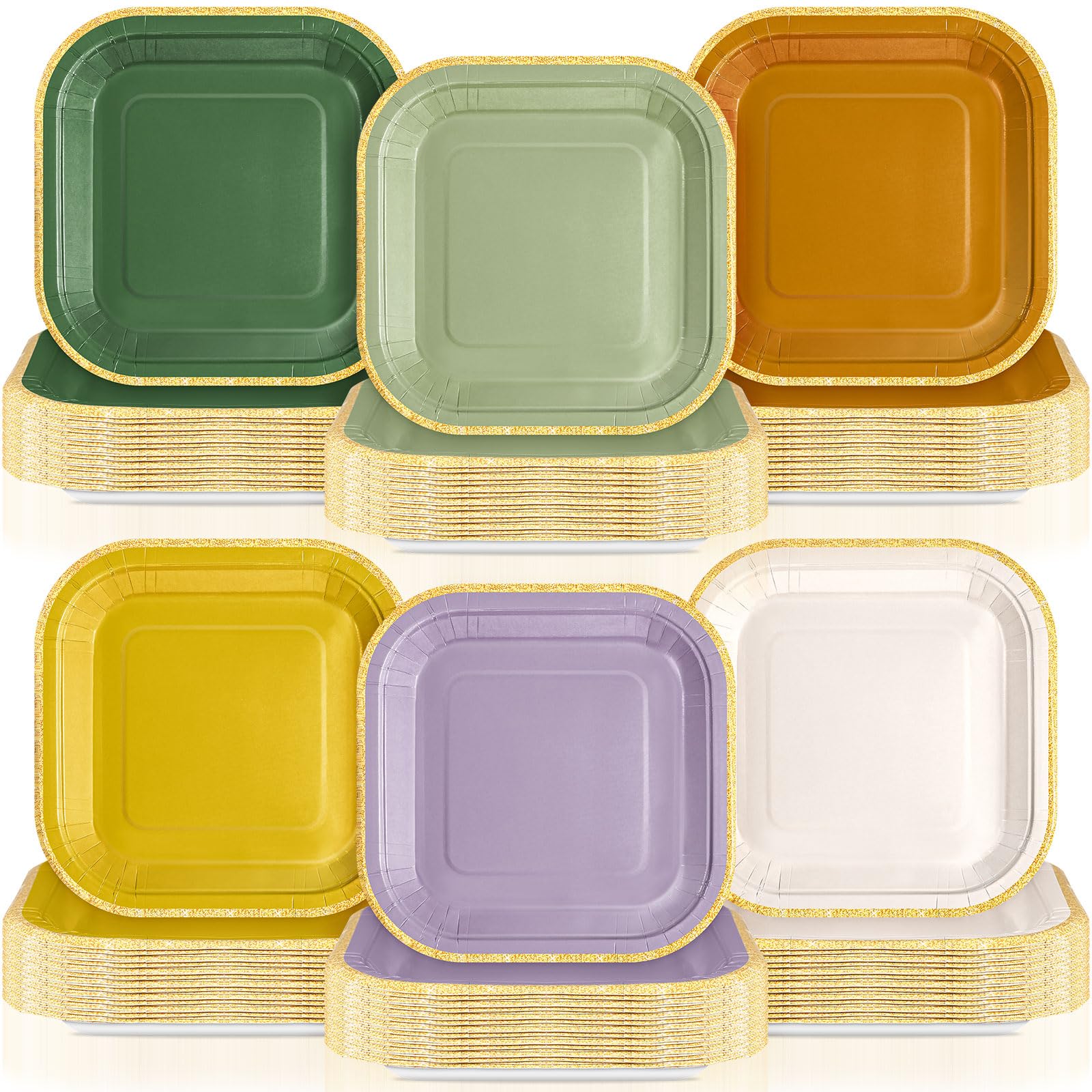 Tiangrid 120 Pcs Nature Wedding Paper Plates 7 Inch Sage Green Purple Boho Colorful Disposable Square Dessert Plates with Gold E