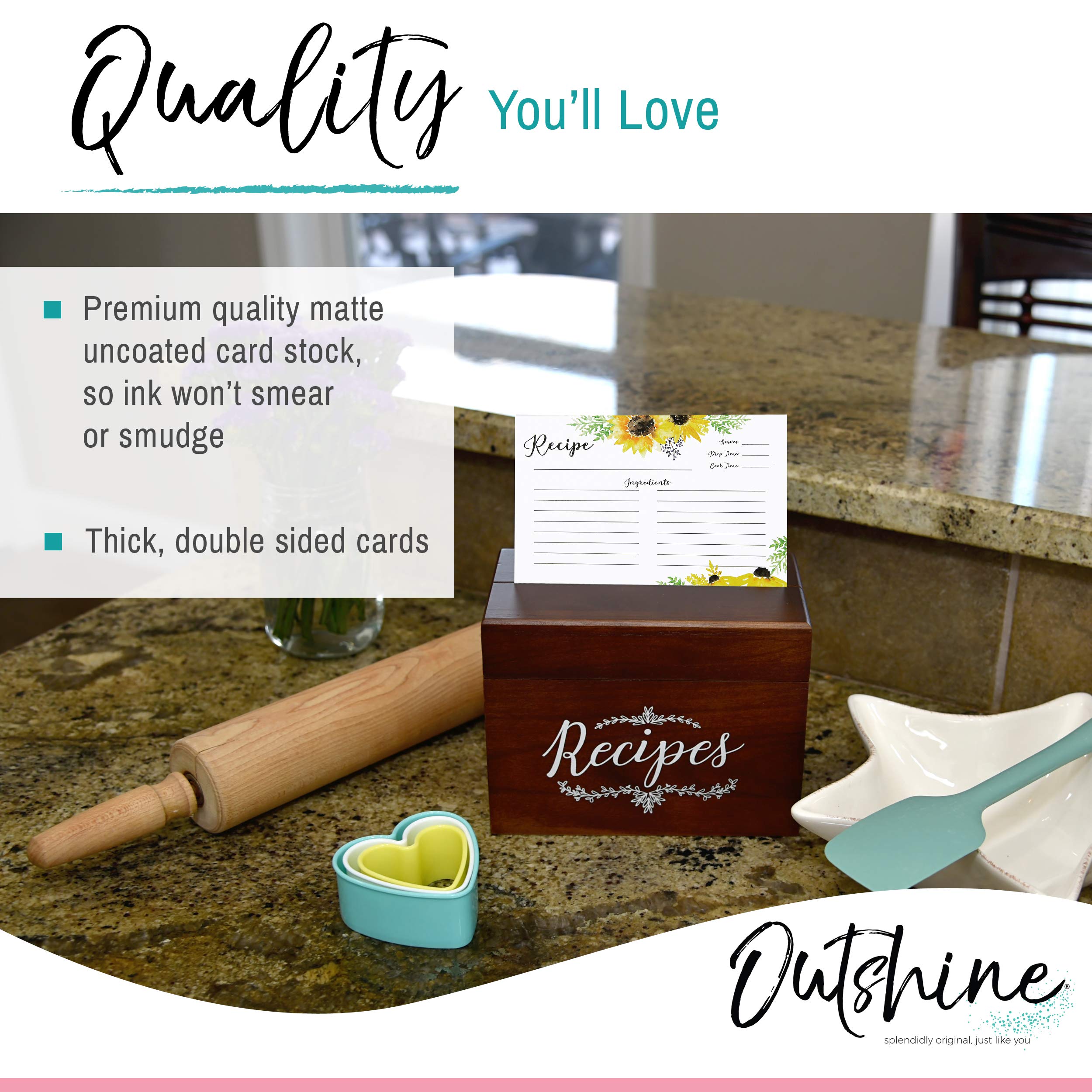 Outshine Premium Recipe Cards 4x6 Inches  Sunflower Design (Set of 50) | No-Smear Double Sided Cardstock | Bulk Blank Recipe Cards for Recipe Box 4x6 | Recipe Cards for Bridal Shower | Gift for Mom