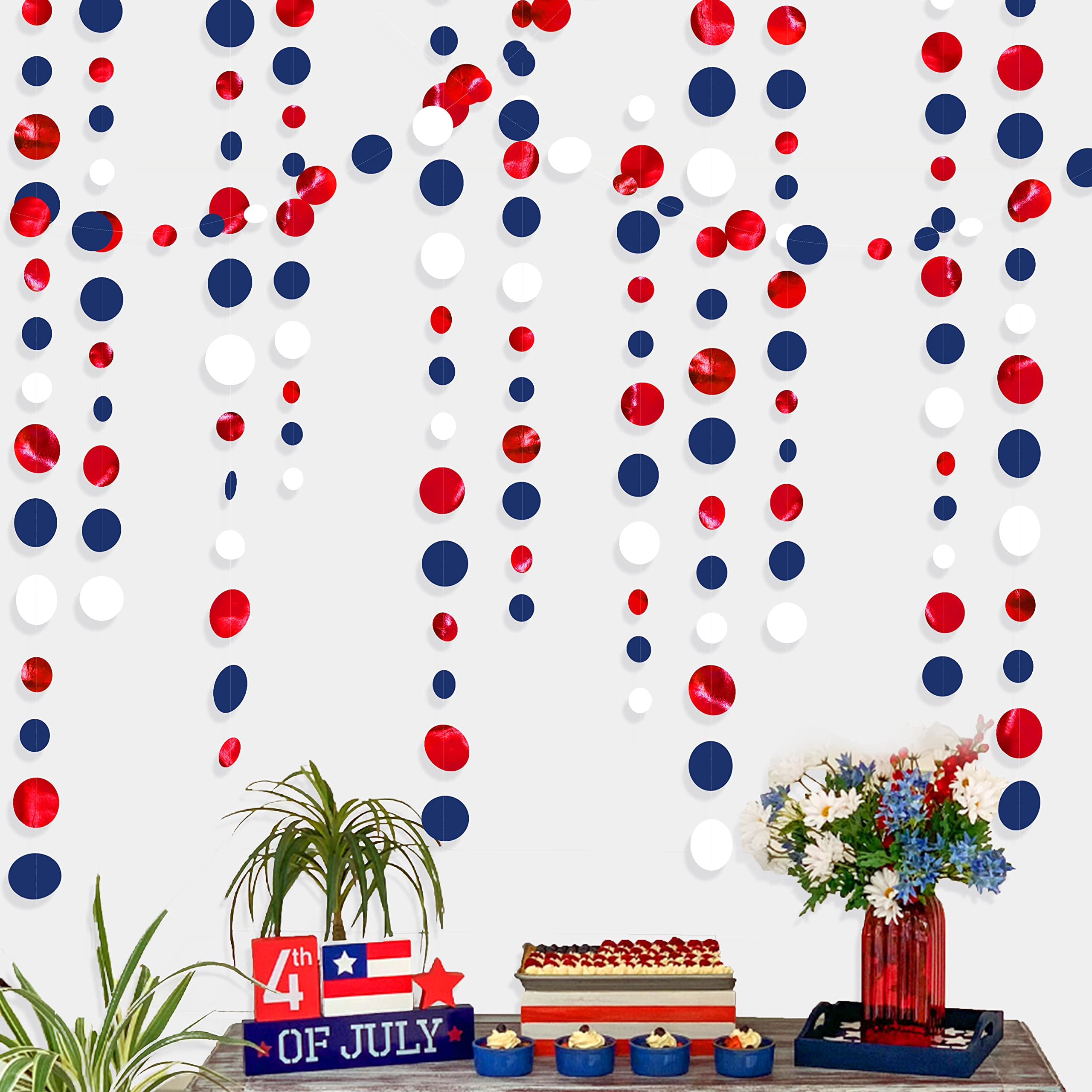 46 Ft Navy Blue Red White Circle Dots Garlands Royal Blue Red Hanging Paper Polka Dots Streamer For 4Th Of July American Indepen