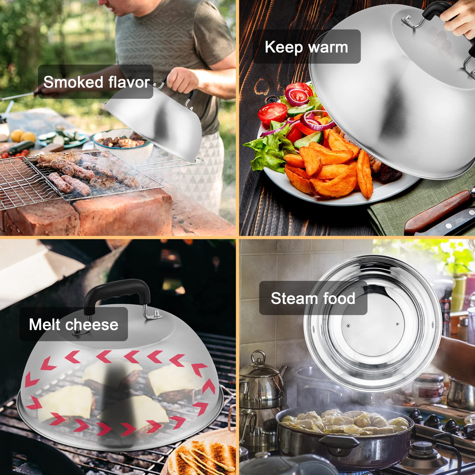 Melting Dome Set Of 2, Hasteel Stainless Steel Large 12In Basting Steaming Cover For Griddle Grill Teppanyaki Flat Top, Great Fo