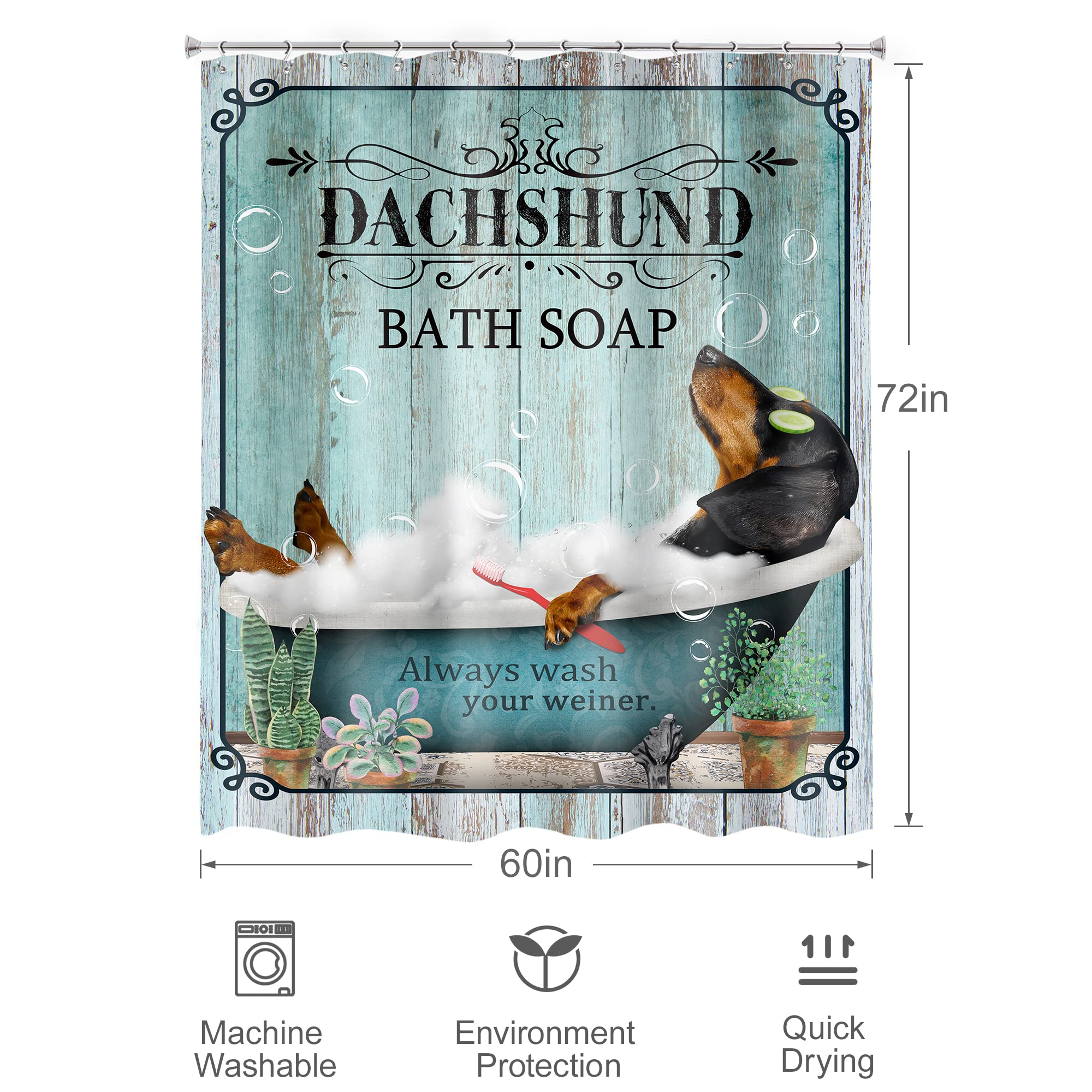 Omifly Funny Dog Shower Curtain 60Wx72H Inch Dachshund Bath Soap Vintage Teal Barn Door Animal Plant Country Modern Wood Plank W