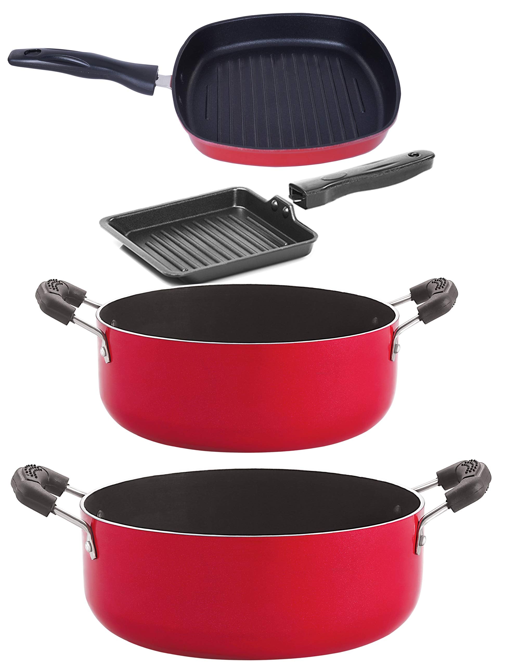 Nirlon Gas Compatible NonStick Aluminium Cookware Set, Red/Black (Cs26_Gp24.5_Sgp_Cs24)  4Pieces