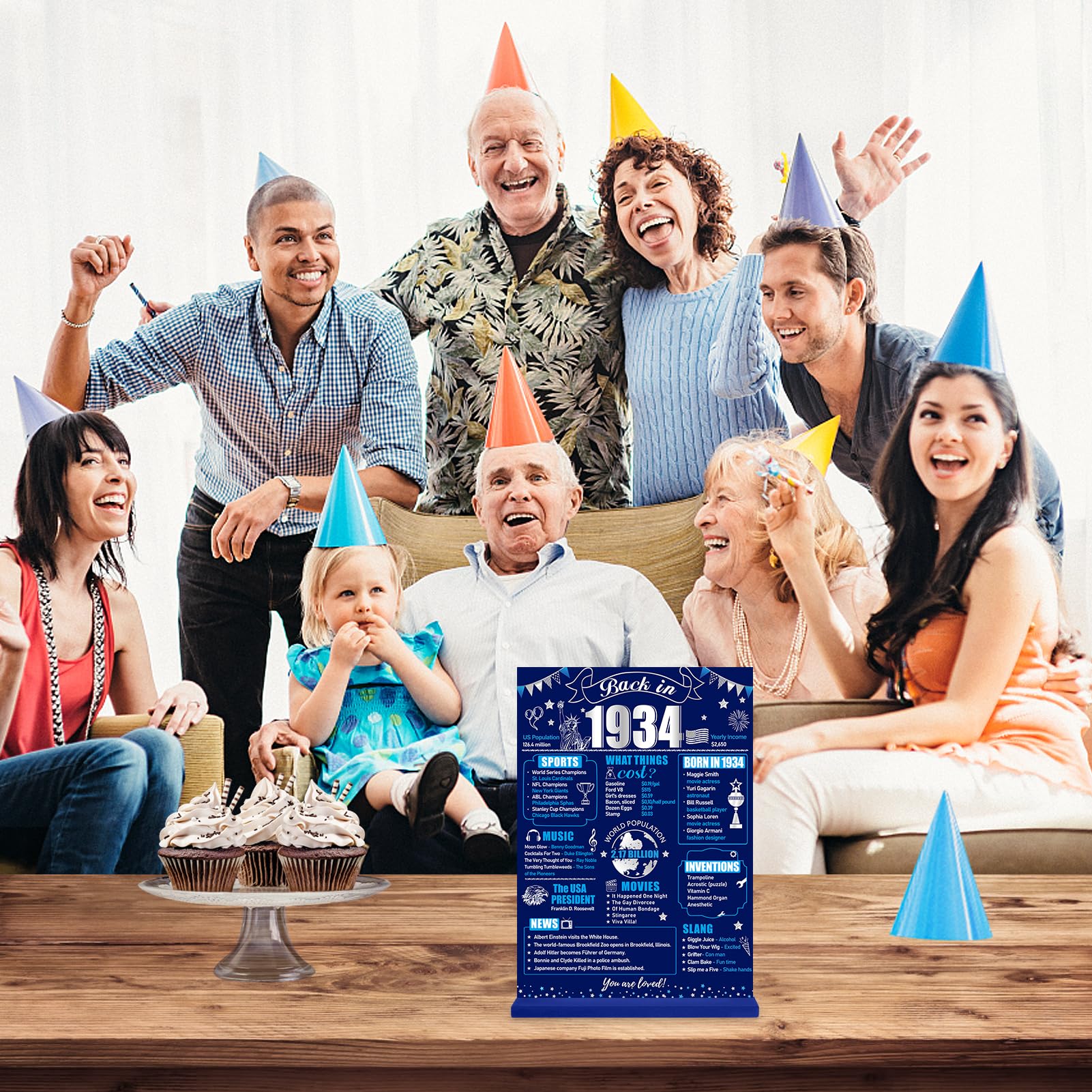 90Th Birthday Decorations Back In 1934 Table Sign For Boys, Blue Silver 90 Birthday Two-Sided Wooden Table Poster With Stand Par