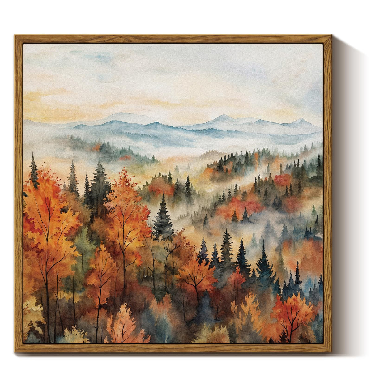 Insimsea Square Framed Canvas Wall Art, Autumn Prints Classical Landscape Pine Forest In The Morning Mist, Fall Home Wall Decor