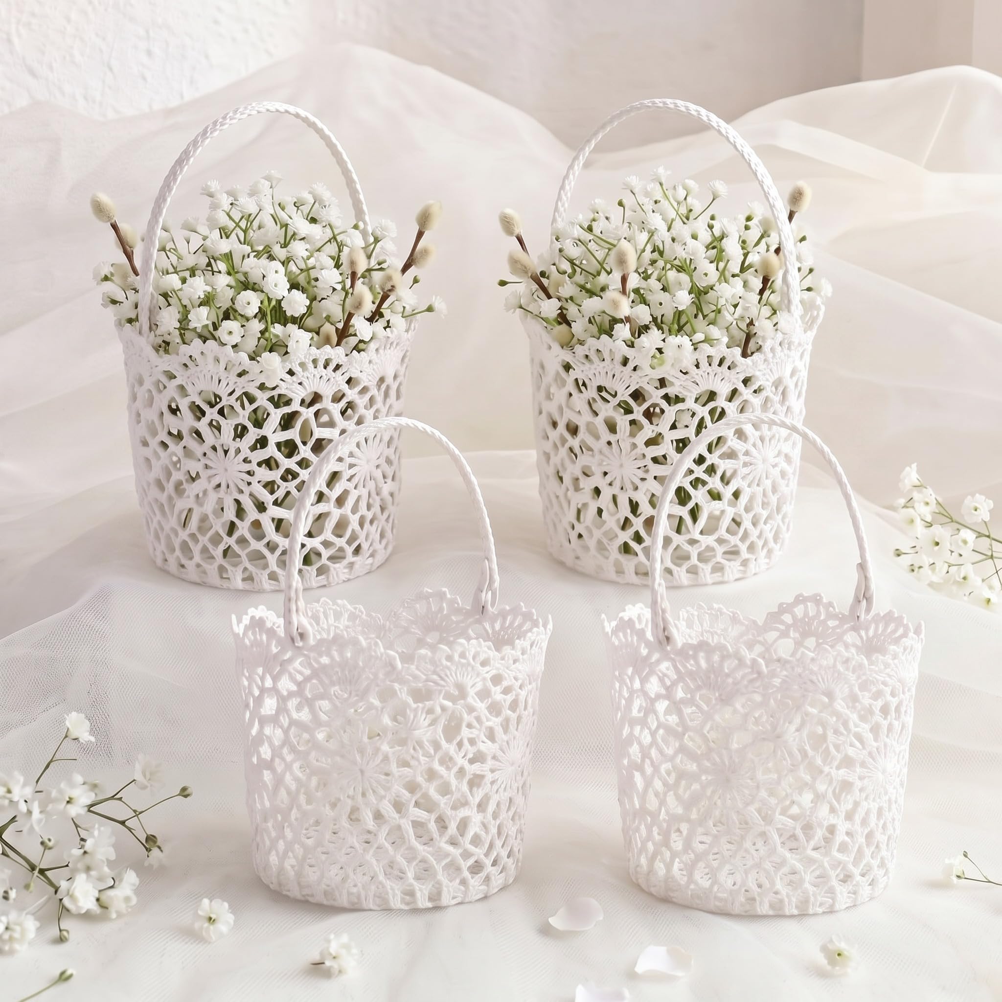4 Pcs Flower Girl Basket, White Wedding Petal Basket with Woven Handle