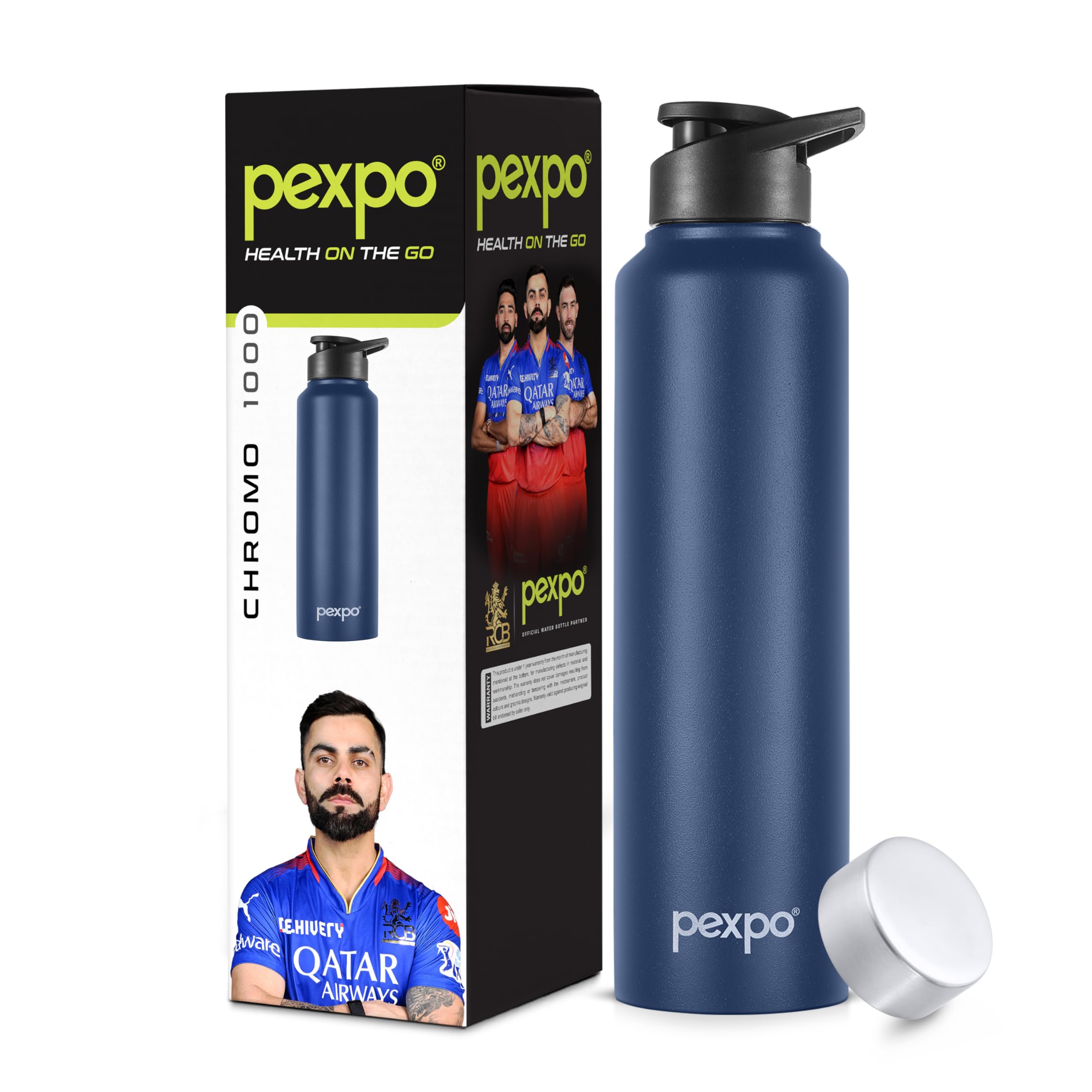 Pexpo Chromo Pro Stainless Steel Sports/Fridge Water Bottle With Sipper & Steel Cap Both|1 Litre, Denim Blue|Eco Friendly | Bpa 