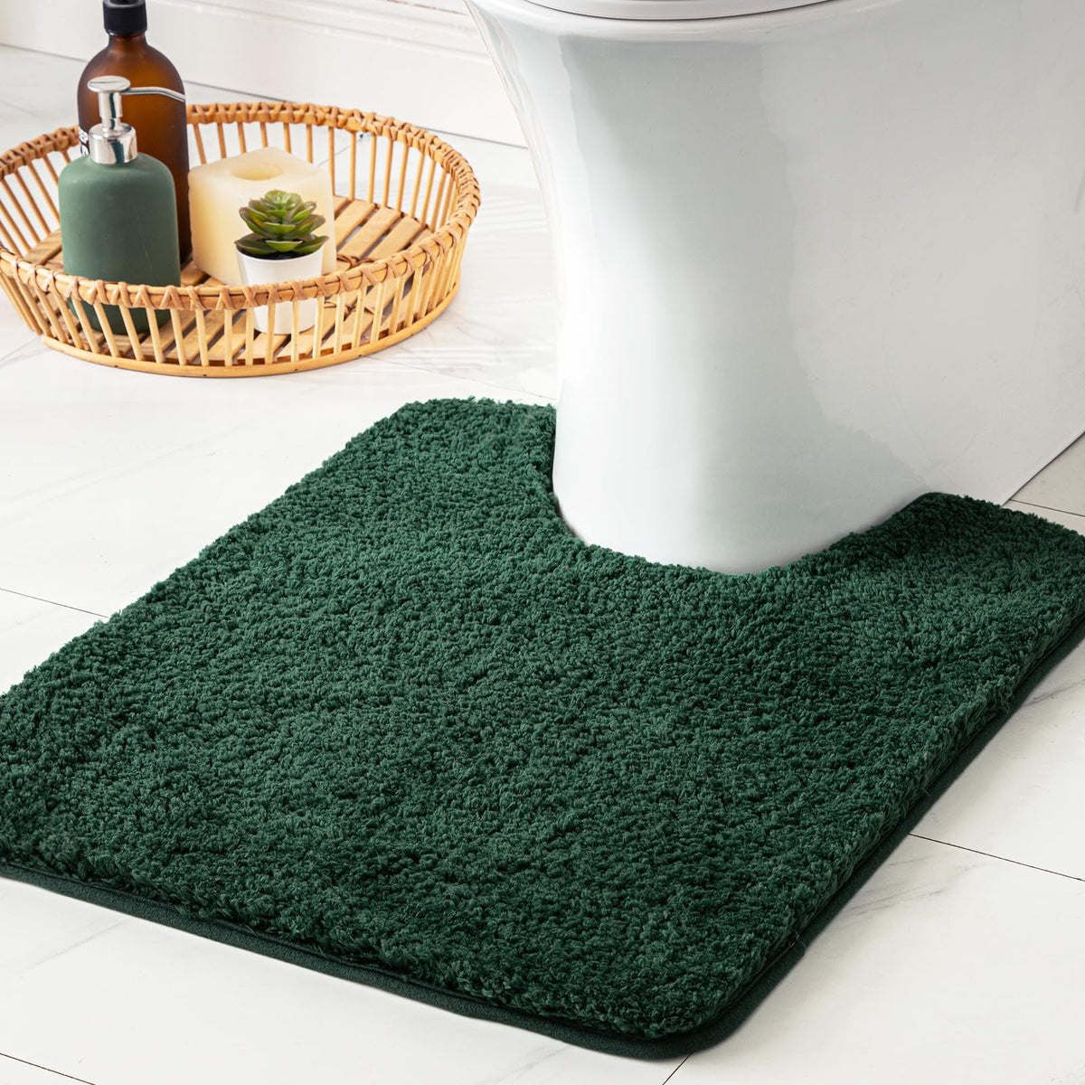 Miulee Christmas Dark Green Toilet Rugs U Shaped, Absorbent Microfiber Contour Bath Mats For Bathroom Floor, Anti-Slip Machine W
