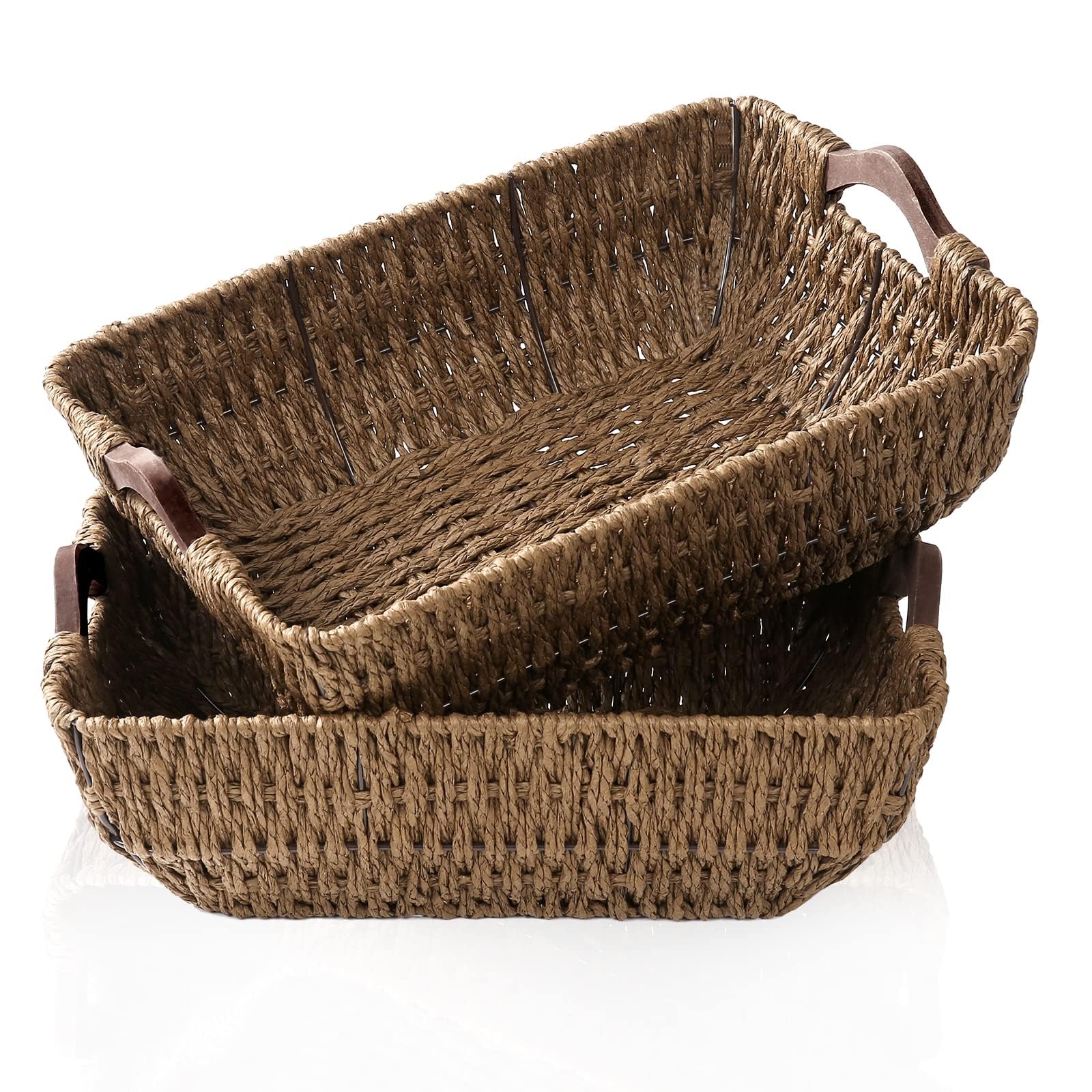 Fairyhaus Hand-Woven Wicker Storage Basket With Natural Wooden Handles Set Of 2, Recyclable & Renewable Paper Rope, 15X10X5 Wick